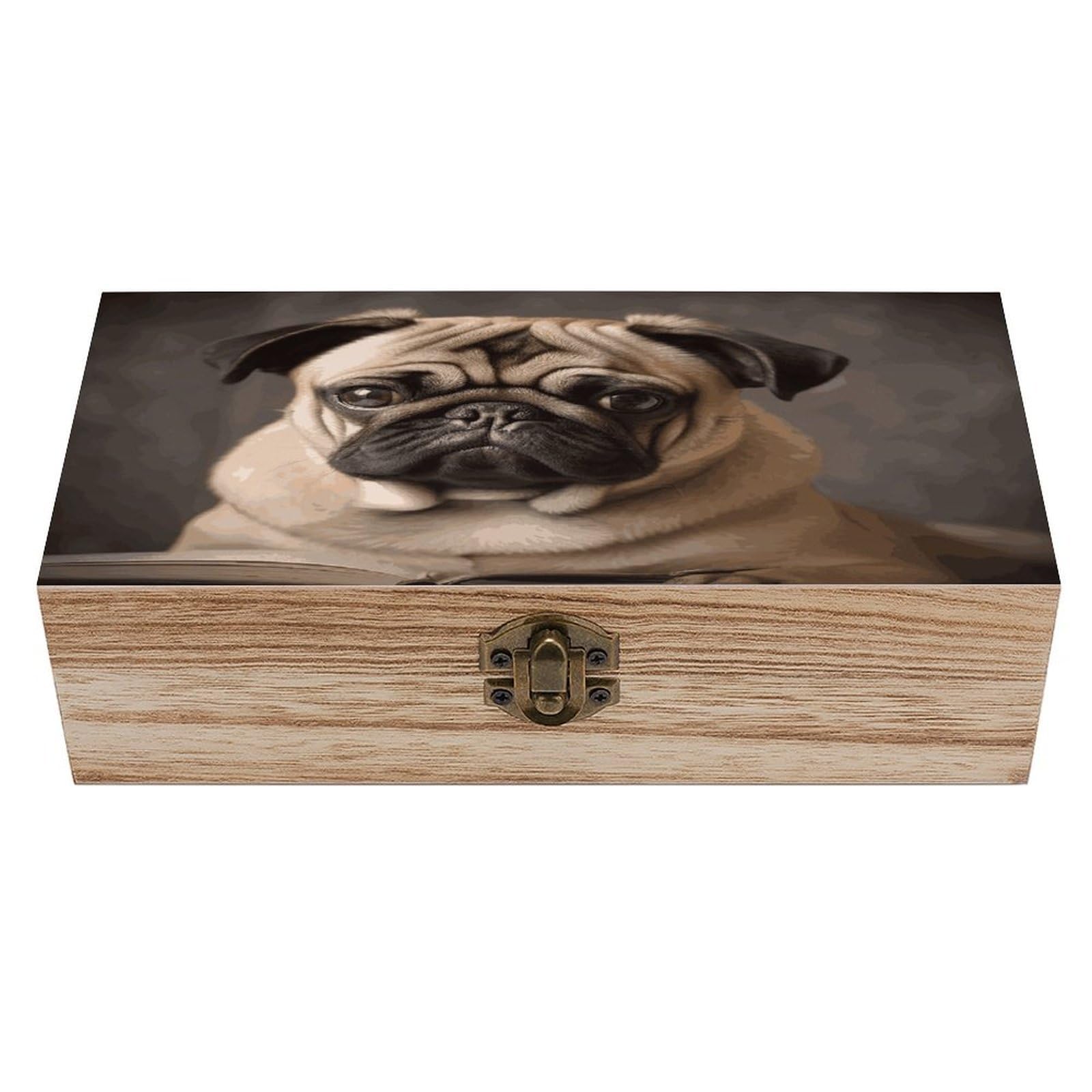 VstaDank Animal Pug Dog Wooden Storage Box Wooden Keepsake Box with A Hinged Lid Fashion Memory Treasure Boxes Decorative Jewelry Case for Crafts Photo Home Decor Wood Gift Box