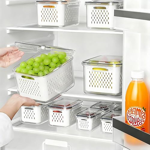 Miniatura 5 de Paquete de 5 recipientes de almacenamiento de frutas para refrigerador, recipientes de almacenamiento de alimentos a prueba de fugas con colador