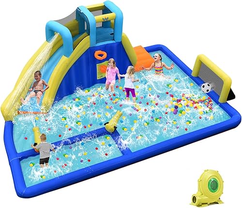 Vista 37 de HONEY JOY Tobogán acuático inflable, parque acuático gigante con porterías de fútbol para exteriores, piscina, escalada, toboganes acuáticos