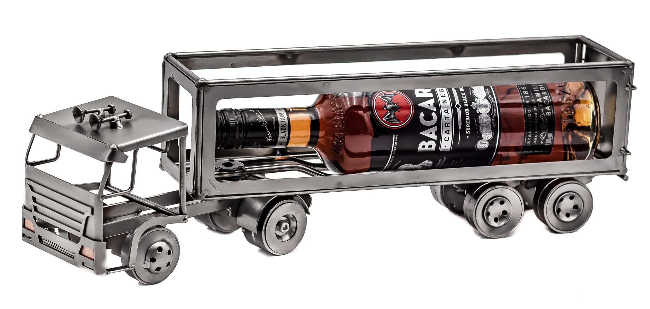 STEEMO Schraubenmännchen Weinflaschenhalter LKW – Handgefertigter Lastwagen aus Stahl, originelle Geschenkidee für Trucker und Weinfreunde, dekorative Hausbar-Deko, 46x10,5x15 cm