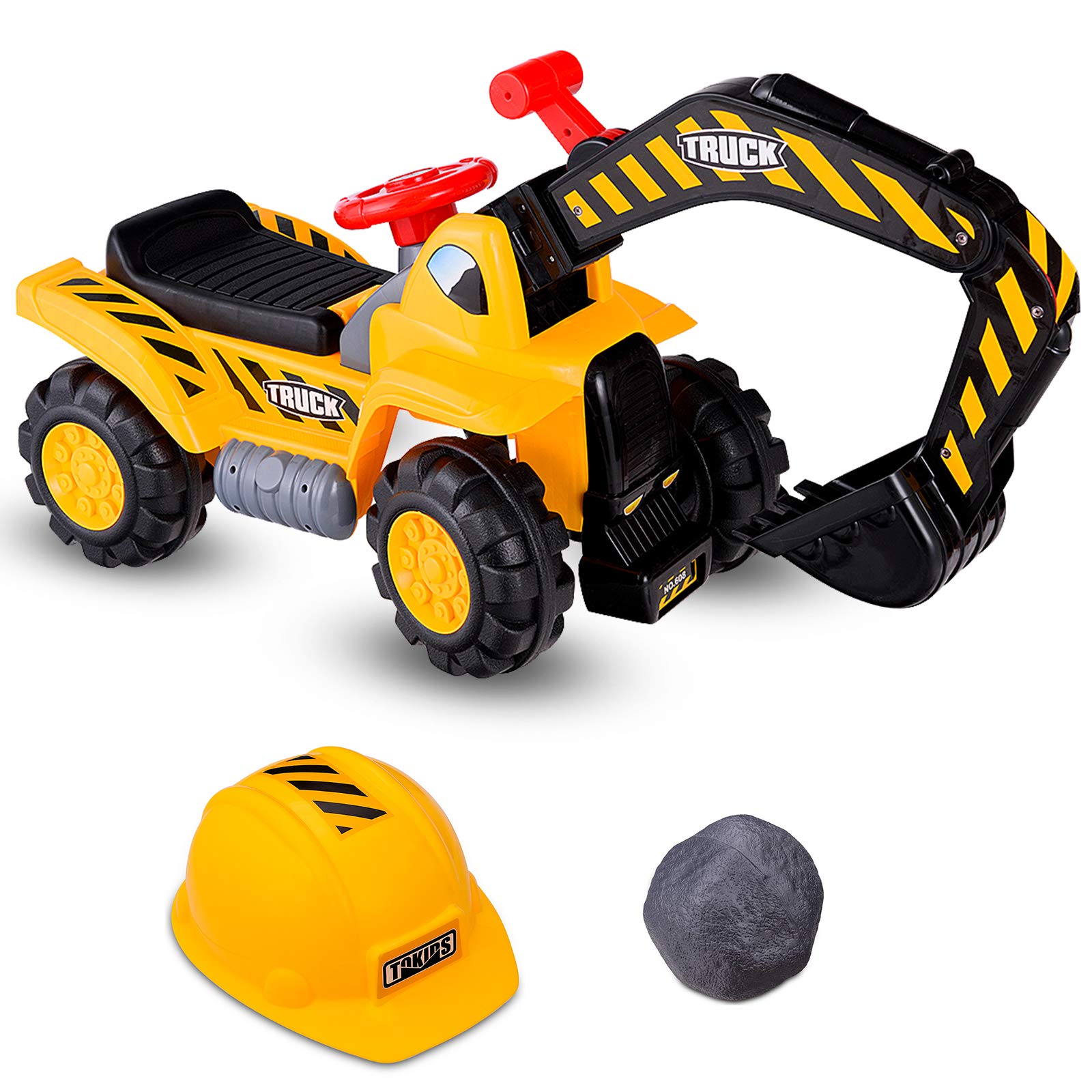 LIFEZEAL Sitzbagger für Sandspiel, Kinderbagger Rutscherfahrzeug mit Eingebautem Stauraum, Baustellenfahrzeug mit Sound, beweglicher Anfänger, inkl. Helm & Stein, für Kinder ab 3 Jahren