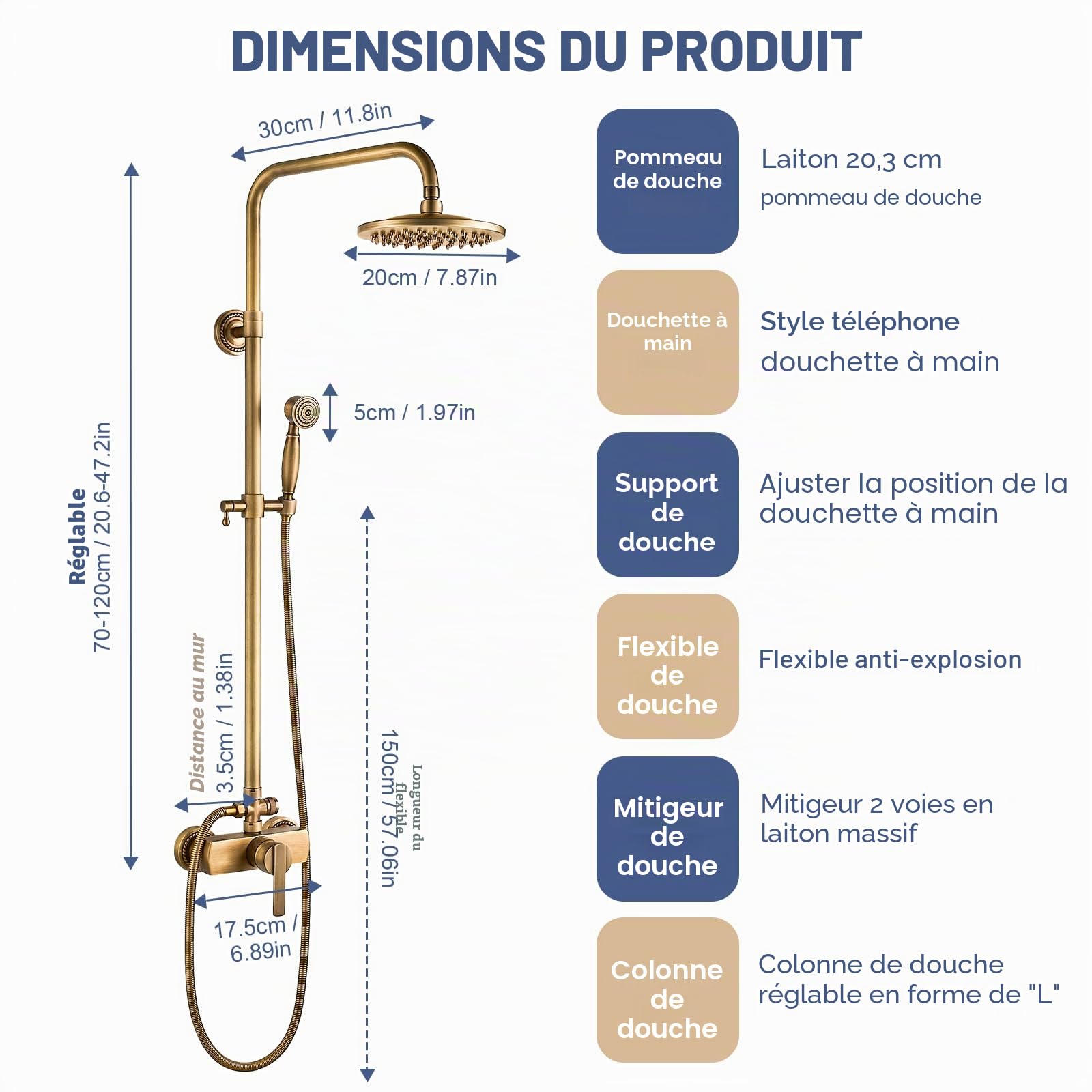 Colonne de Douche Laiton Rétro Ensemble de Douche Antique Système de Douche Mural Set Kit de Douche avec Mitigeur Réglable en Hauteur 70 à 120 cm