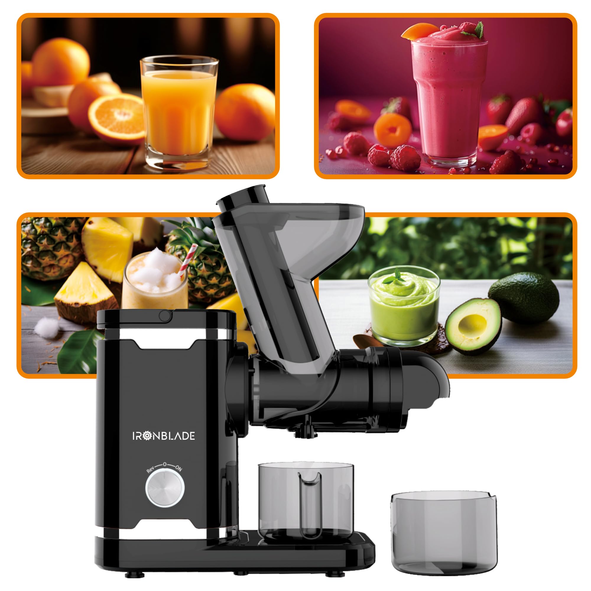 EMB Ironblade IBLJU30 Horizontal Slow Juicer, Quiet Motor, 70mm Wide Chute, Cold Press Juicer for High Juice Yield, Minimal Oxidation, Easy Clean-Up