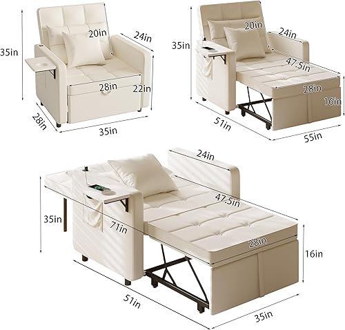 Vista 26 de Vabches Sofá cama 3 en 1 con mesa de ala y puertos USB, silla de terciopelo con respaldo ajustable, fácil montaje, azul