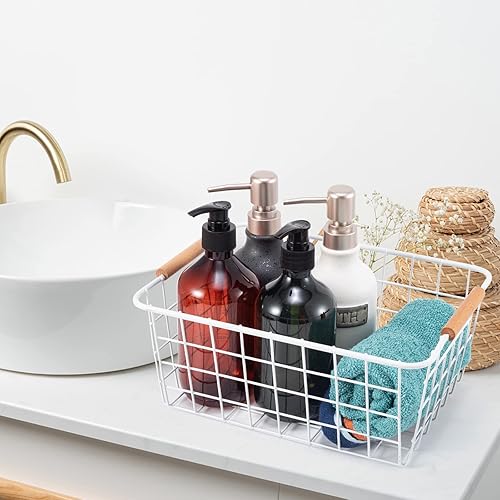 Miniatura 8 de Cesta de alambre de 4 unidades, cestas de almacenamiento de alambre organizadoras con asas de madera, cesta de alambre para organización y