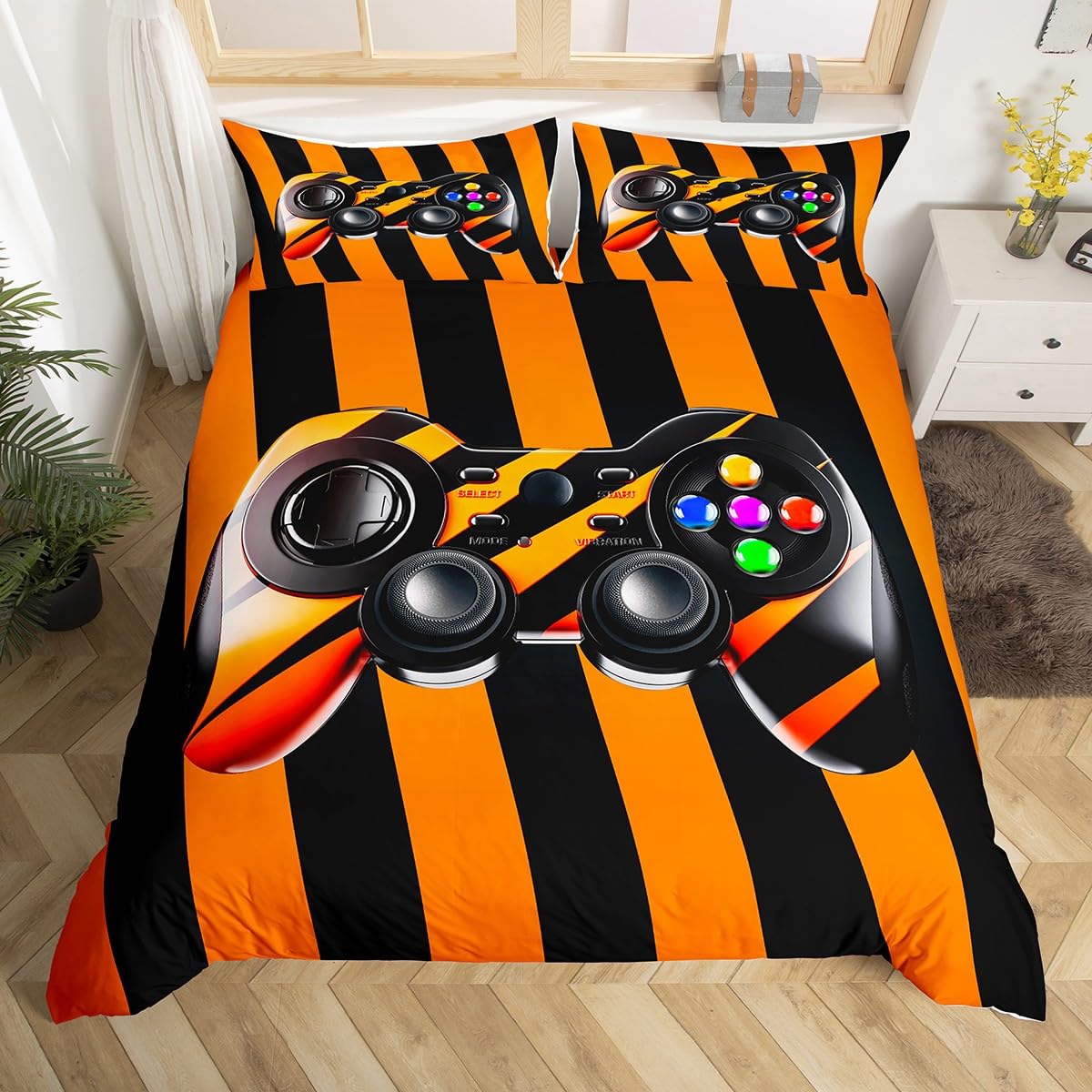 Juego de ropa de cama para niños y niñas, juego de ropa de cama para videojuegos, juego de palanca de mando para videojuegos, funda de edredón naranja con 2 fundas de almohada de 3 piezas, ropa de ca