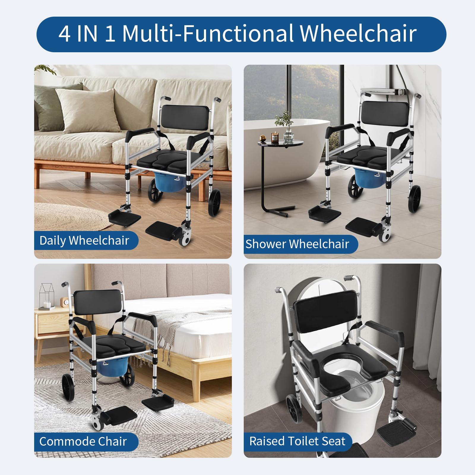 Eosprim sedia a rotelle con wc, comoda wc per anziani，wc water per disabili，vaso da notte per anziani，sedia wc per doccia anziani，rialzo per wc disabili ruote，wc portatile per anzianib (Nero)