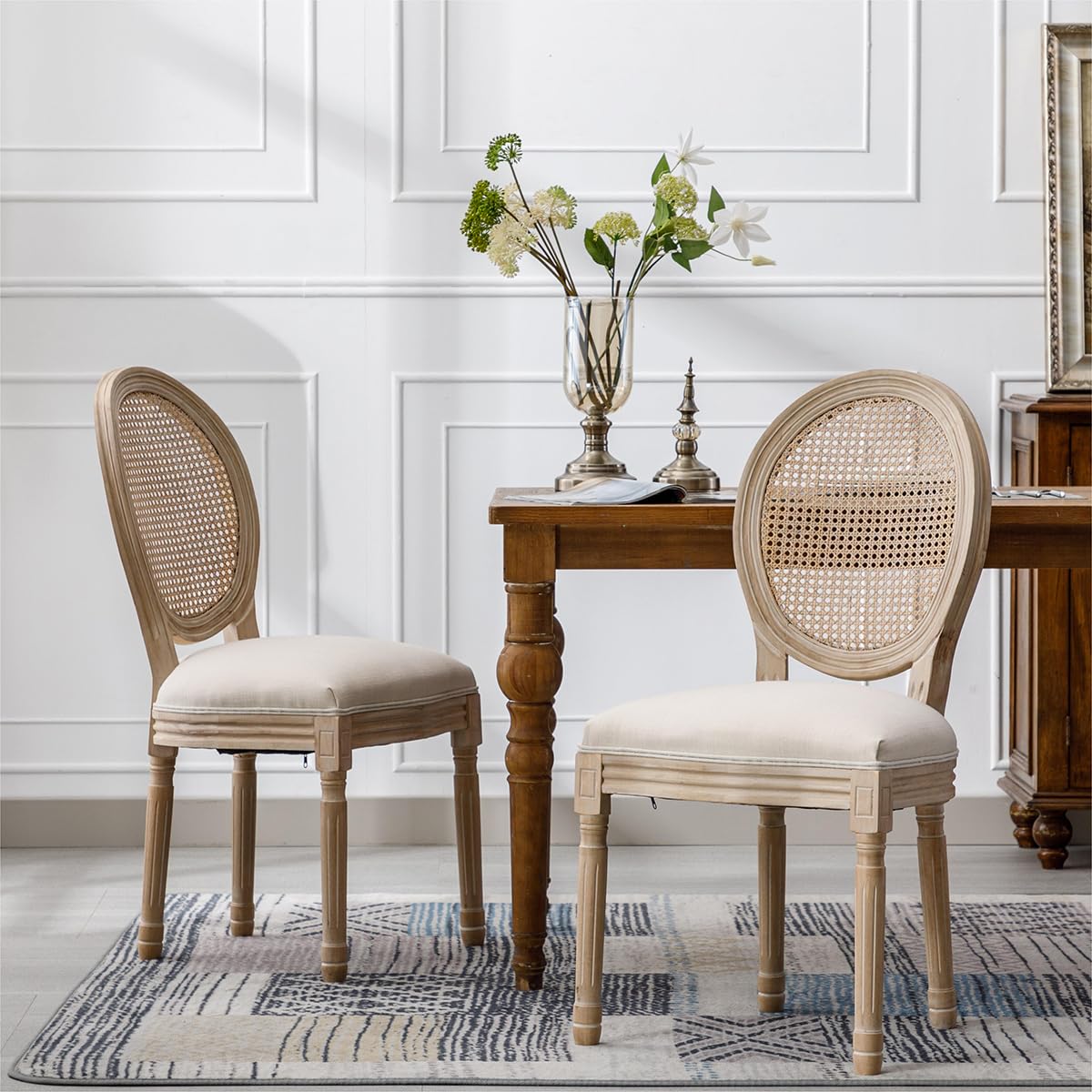 French Country Solid Wood Dining Chairs Set of 2 – Beige Polyester Upholstered Chairs with Rattan Mesh Back & Antique Painted Finish