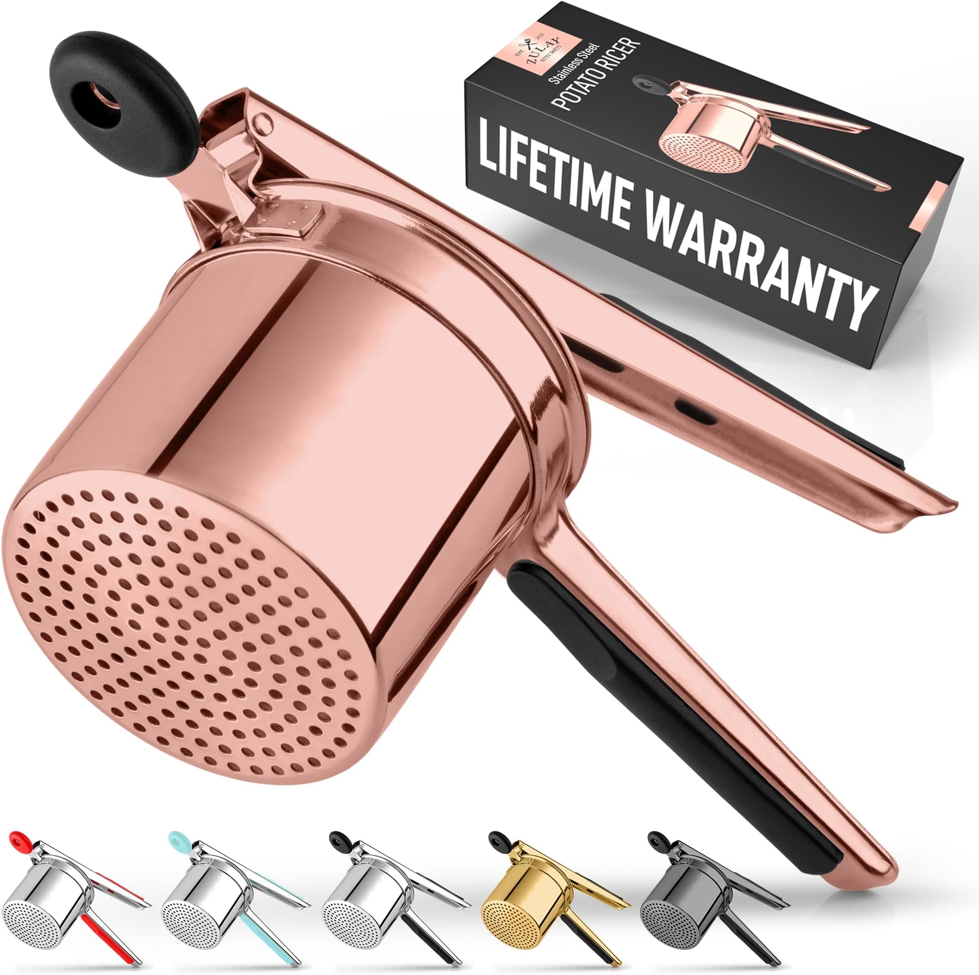 Zulay Kitchen Premium Large 15oz Potato Ricer, Heavy Duty Professional Stainless Steel Potato Masher and Ricer Kitchen Tool, Press and Mash Kitchen Gadget - Rose Gold Fixed Disc
