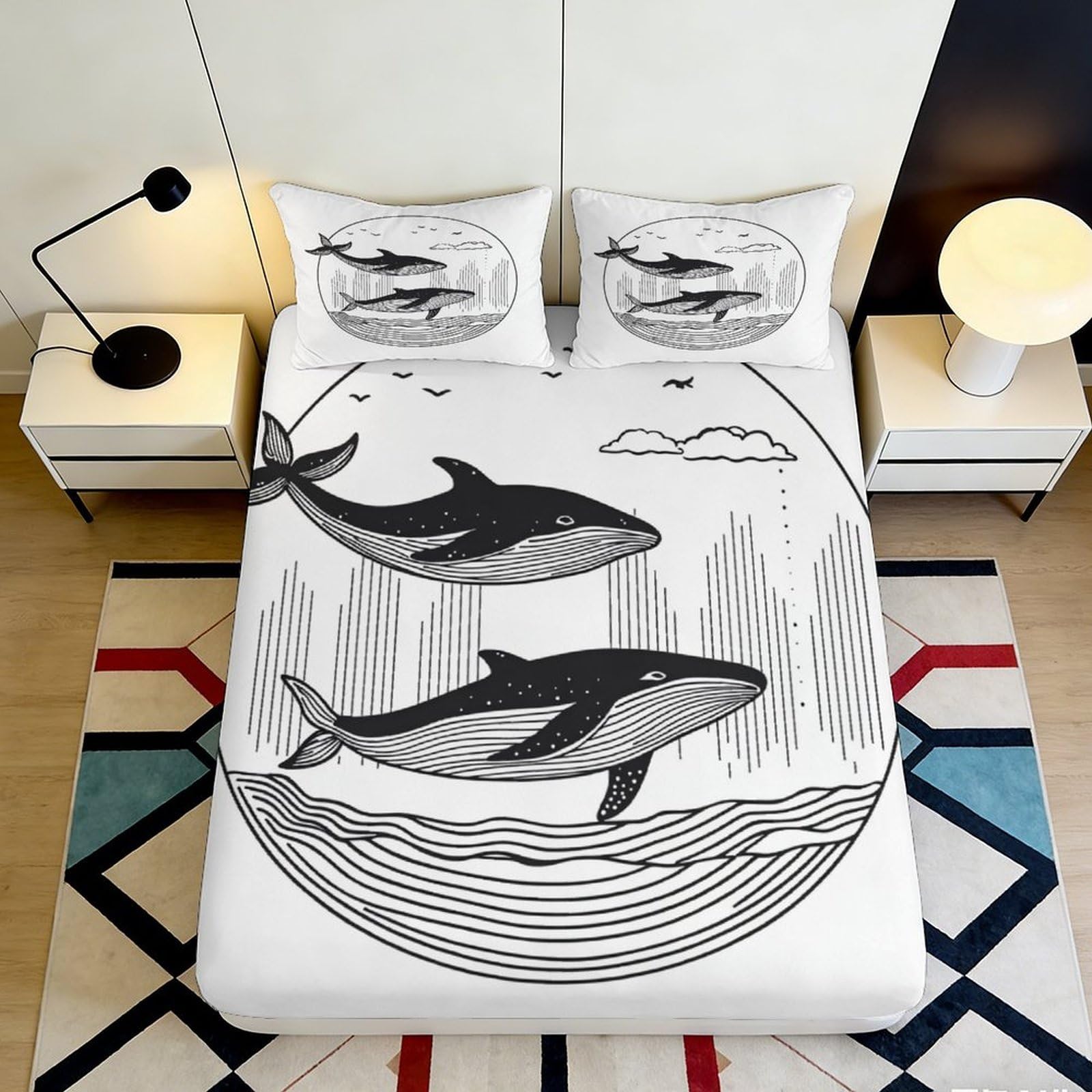 3D Printed Whale Ocean Fitted Sheet Microfiber Soft Breathable Sea Waves Bed Cover for Bedroom Guest Room Decor 90x200x25cm