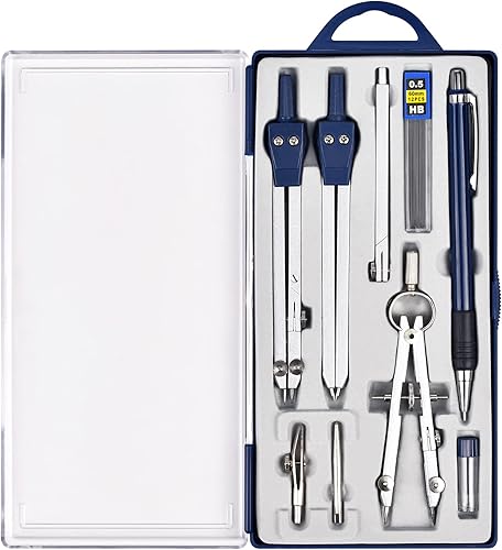 Unjoo Juego de 9 piezas de geometría de precisión, brújula de metal, juego de herramientas geométricas con caja de almacenamiento inastillable,