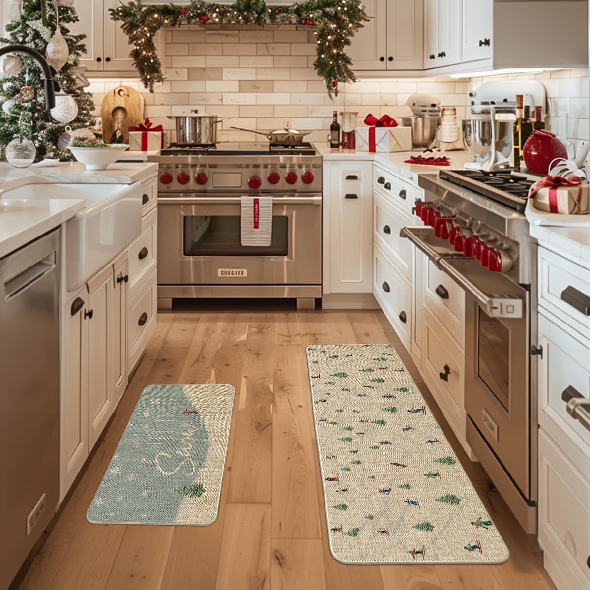 Artoid Mode Skiing Snowboards Let It Snow Winter Kitchen Mats Set of 2, Christmas Low-Profile Home Decor Kitchen Rugs for Floor - 17x29 and 17x47 Inch