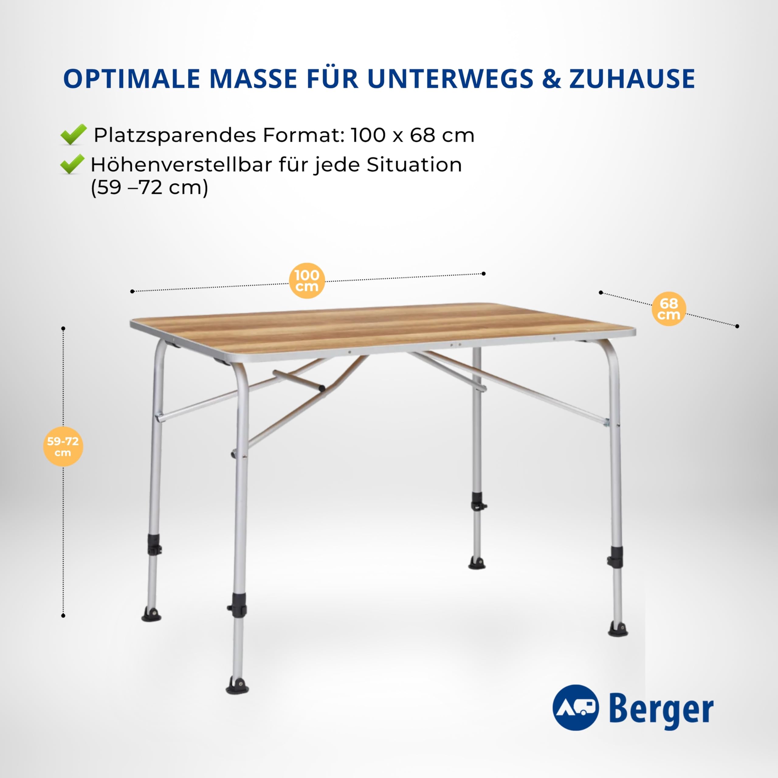 BERGER Livenza Campingtisch - Klapptisch Höhenverstellbar Alu Campingtisch Klappbar Camping Tisch Gartentisch Klappbar - Falttisch Esstisch Balkon Klapptisch Garten Terrasse (Hell, 100 x 68 cm)