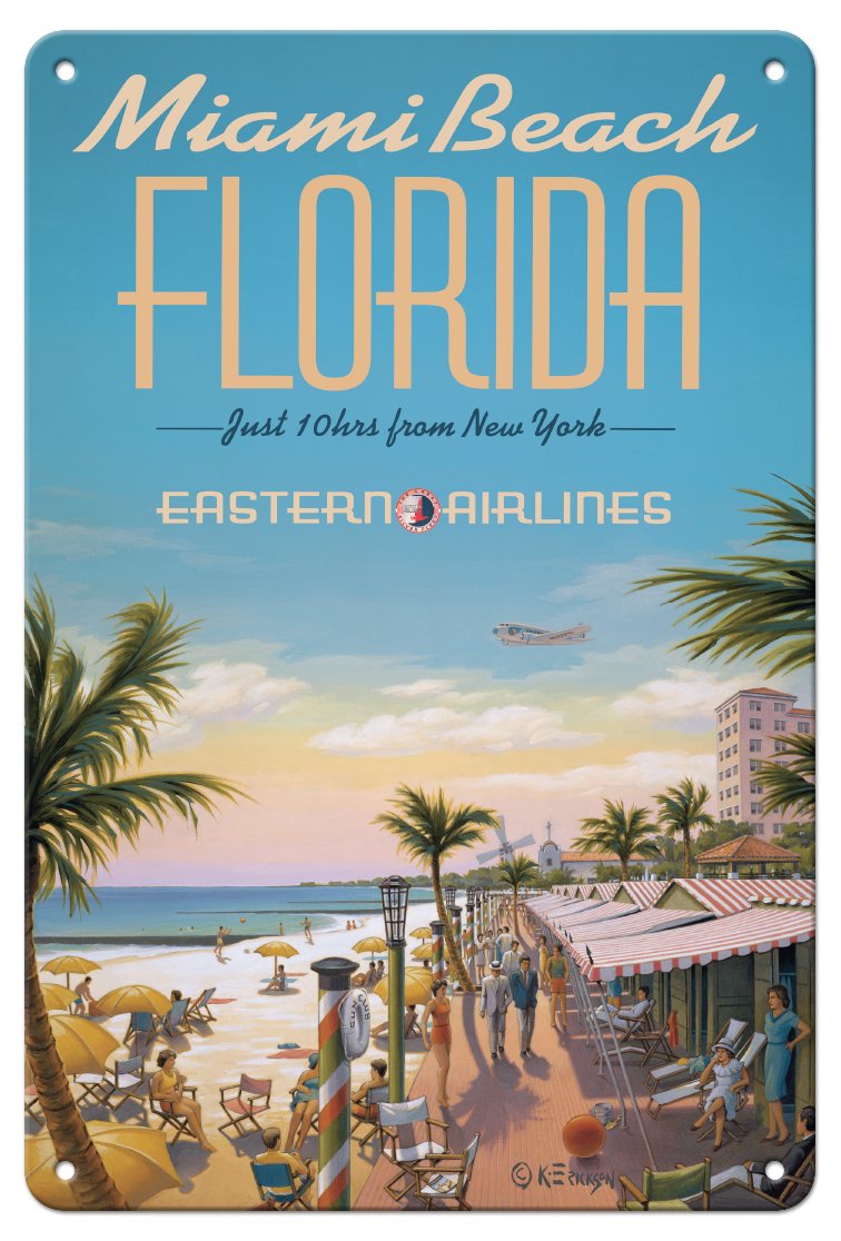 Pacifica Island ArtMiami Beach Florida - Eastern Airlines - Just 10 hrs from New York - Vintage Airline Travel Poster by Kerne Erickson - 8 x 12 inch Vintage Metal Tin Sign