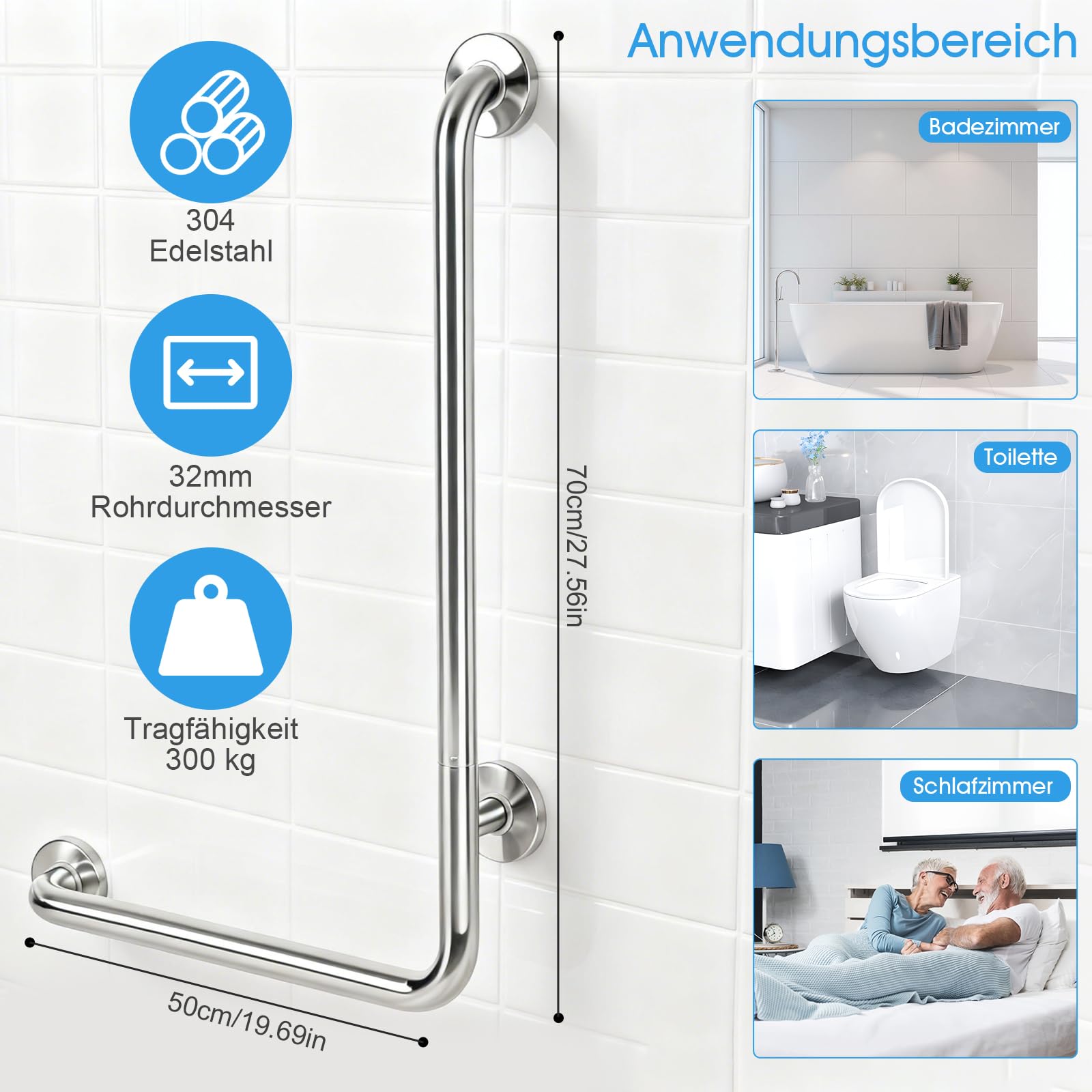 Asideros de ducha para personas mayores, de acero inoxidable 70x50cm, asidero en forma de L para duchas, vertical, barras de seguridad angulares, asidero para ducha en el baño, para personas mayores