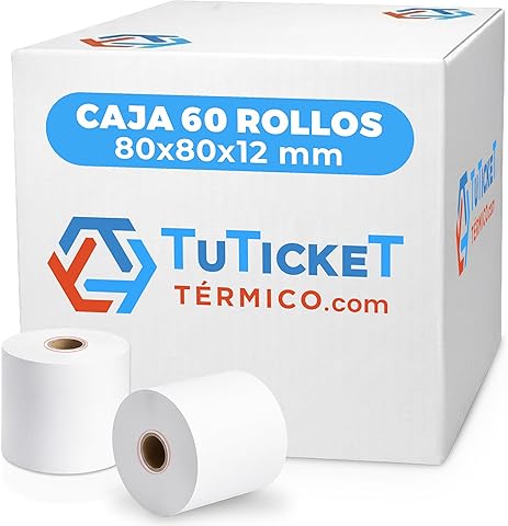 Rollo de Papel Térmico 80x80x12 mm (60 unidades, 10 más de lo habitual) para Impresora Térmica de Ticket, Caja Registradora y demás TPV. Sin Bisphenol A. PEFC. Producto C.E.