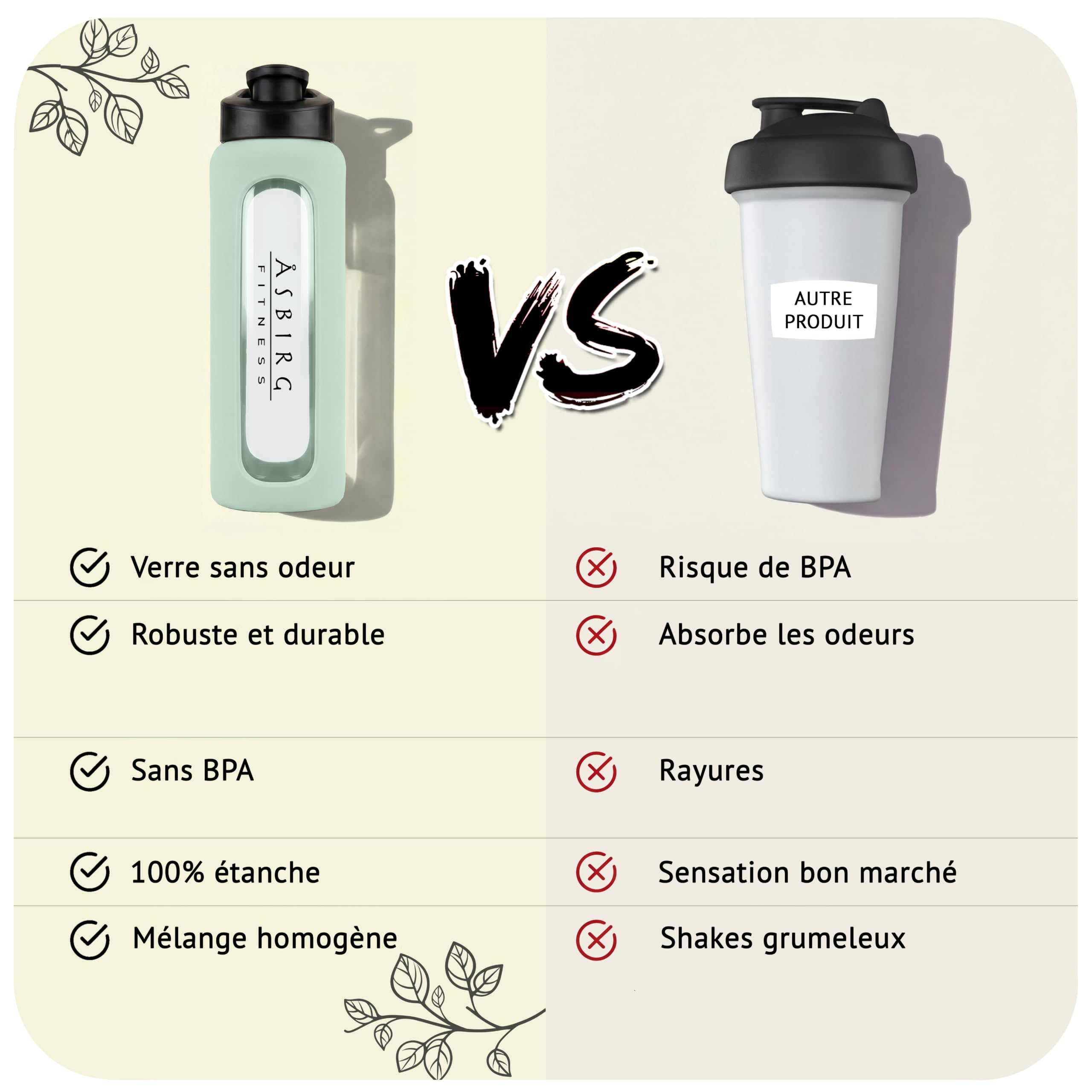 Shaker Protéines en Verre Trempé - 700ml Gourde avec Boule Mélangeuse | Étanche, Sans BPA & Résistant | Vert Pastel