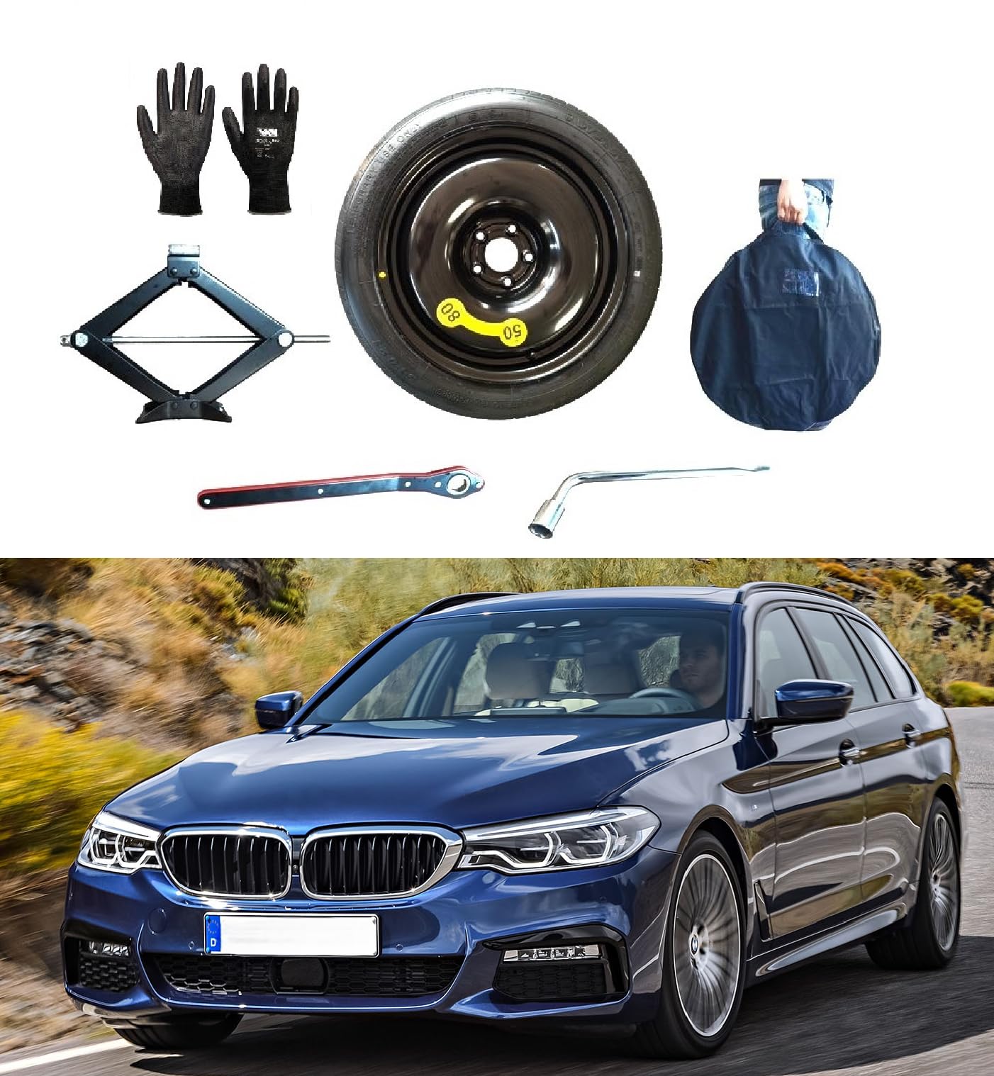 Kit Ruotino di Scorta 18" compatibile con BMW Serie 5/Touring G30/G31 (2017>) con Cric, Chiave, Guanti e Sacca