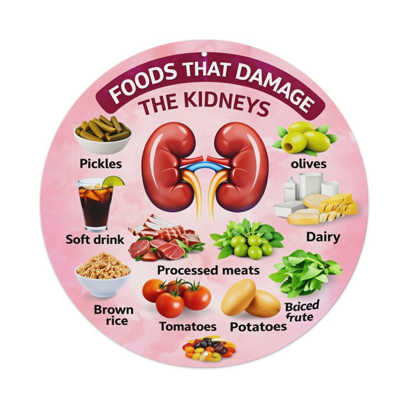 Foods That Damage The Kidneys Round Tin Sign Vintage Metal Poster, Home Bar Garage Man Cave Cafe Indoor & Outdoor Wall Decoration 8x8Inches