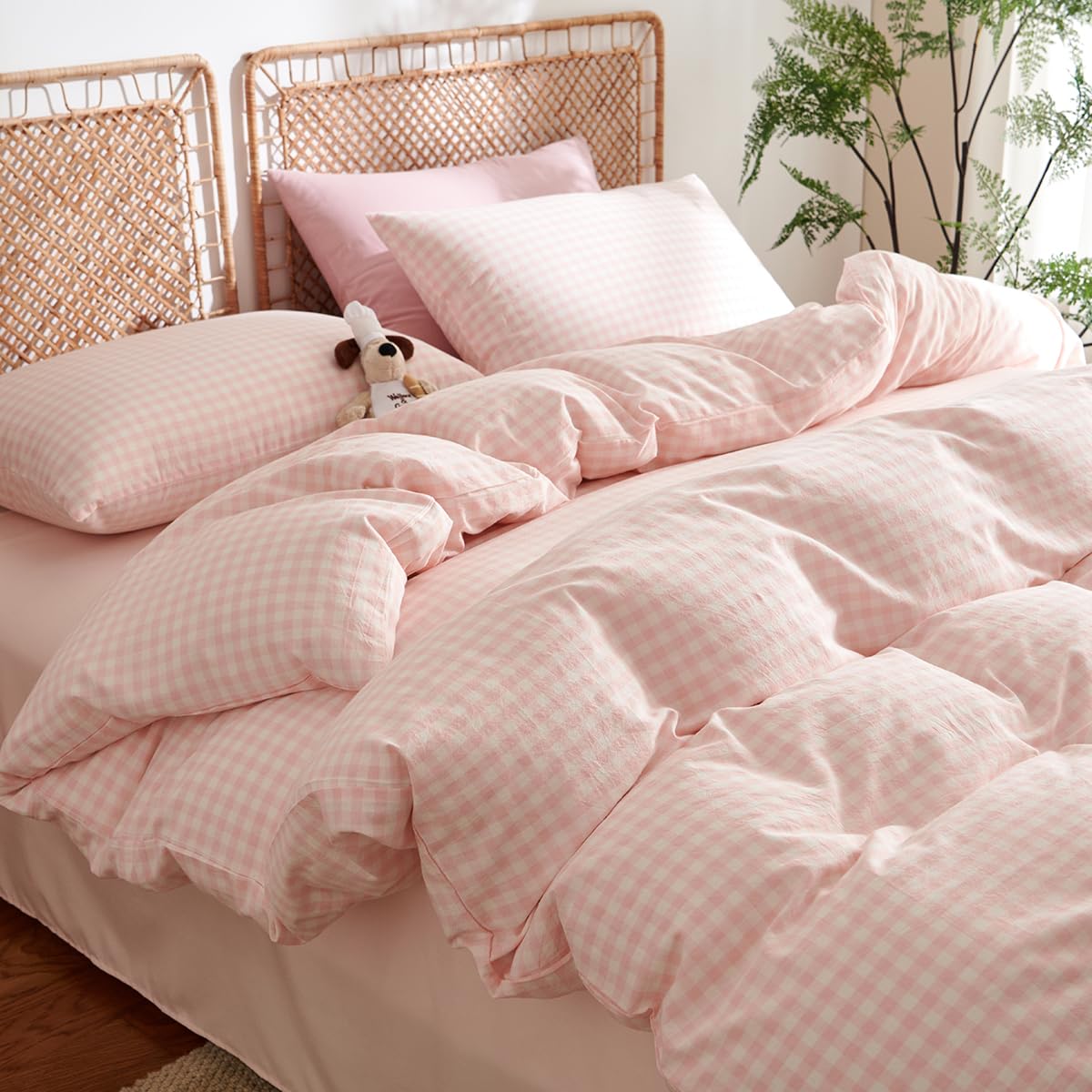 AShanlan Bettwäsche 220x240 Baumwolle Rosa Kariert Bettwäsche-Sets 3teilig | Bettbezug 220x240 mit 2 Kissenbezug 80x80 cm, ÖKO-TEX Leinenoptik Gewaschene Baumwolle Bettwäsche mit Reißverschluss