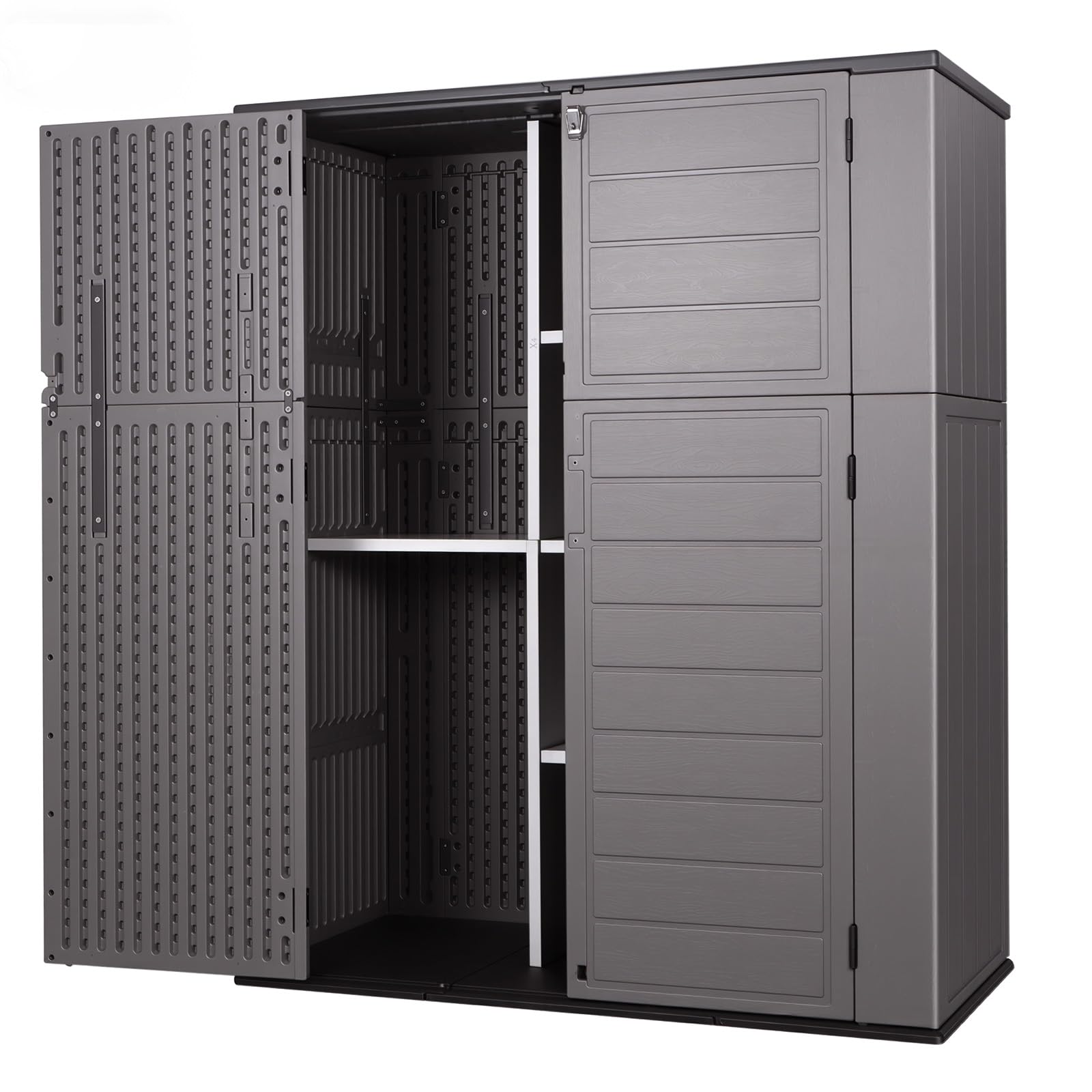 Panana Plastic Shed Garden Storage With Shelf Support Floor Lockable Outdoor Storage House Tool Shed Box, Compact Utility Tool Cabinet L142xW67xH176cm (GSGD25+Shlef)