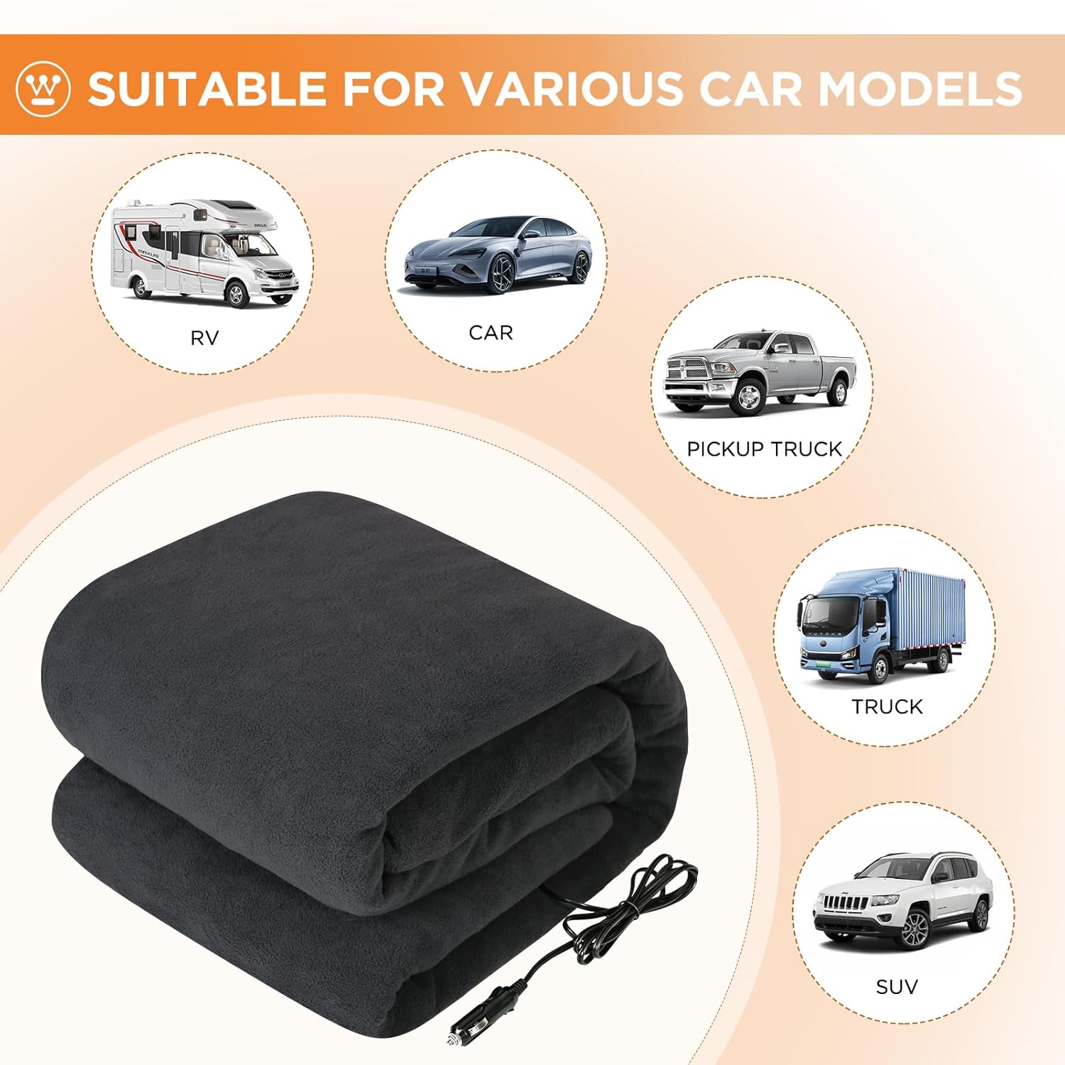 Westinghouse Heated Car Blanket, 12-Volt Electric Blanket for Car, Truck, SUV, RV, Portable Heated Throw for Camping, Charcoal, 59" x 43” - Image 7