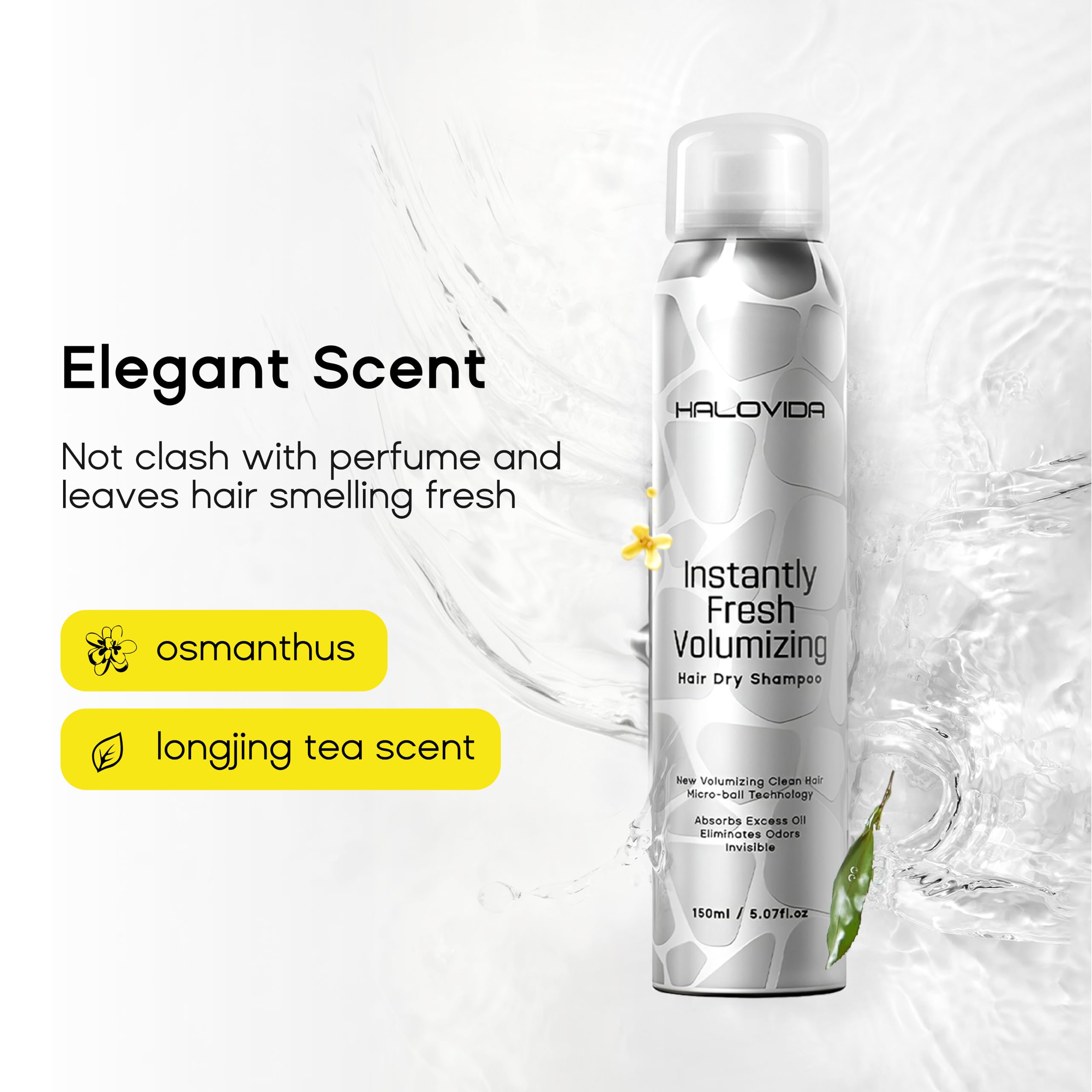 HALOVIDA Trockenshampoo ohne weiße Rückstände, Dry Shampoo 150ml, Frisches Haar ohne Waschen, keine weißen Pulverreste, für dunkles & helles Haar, schnell & rückstandsfrei (ohne Tierversuche)
