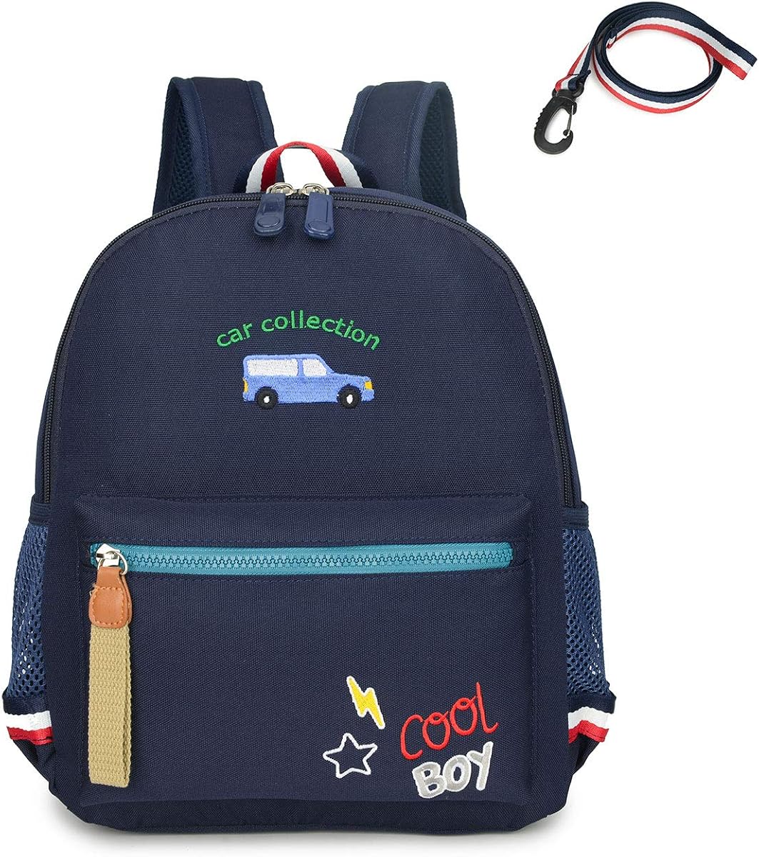 Mochila de jardín de infantes Cartoon Bus 12 para niños, niñas y niños, mochila impermeable para niños pequeños en edad preescolar con correa y arnés de seguridad (azul profundo)