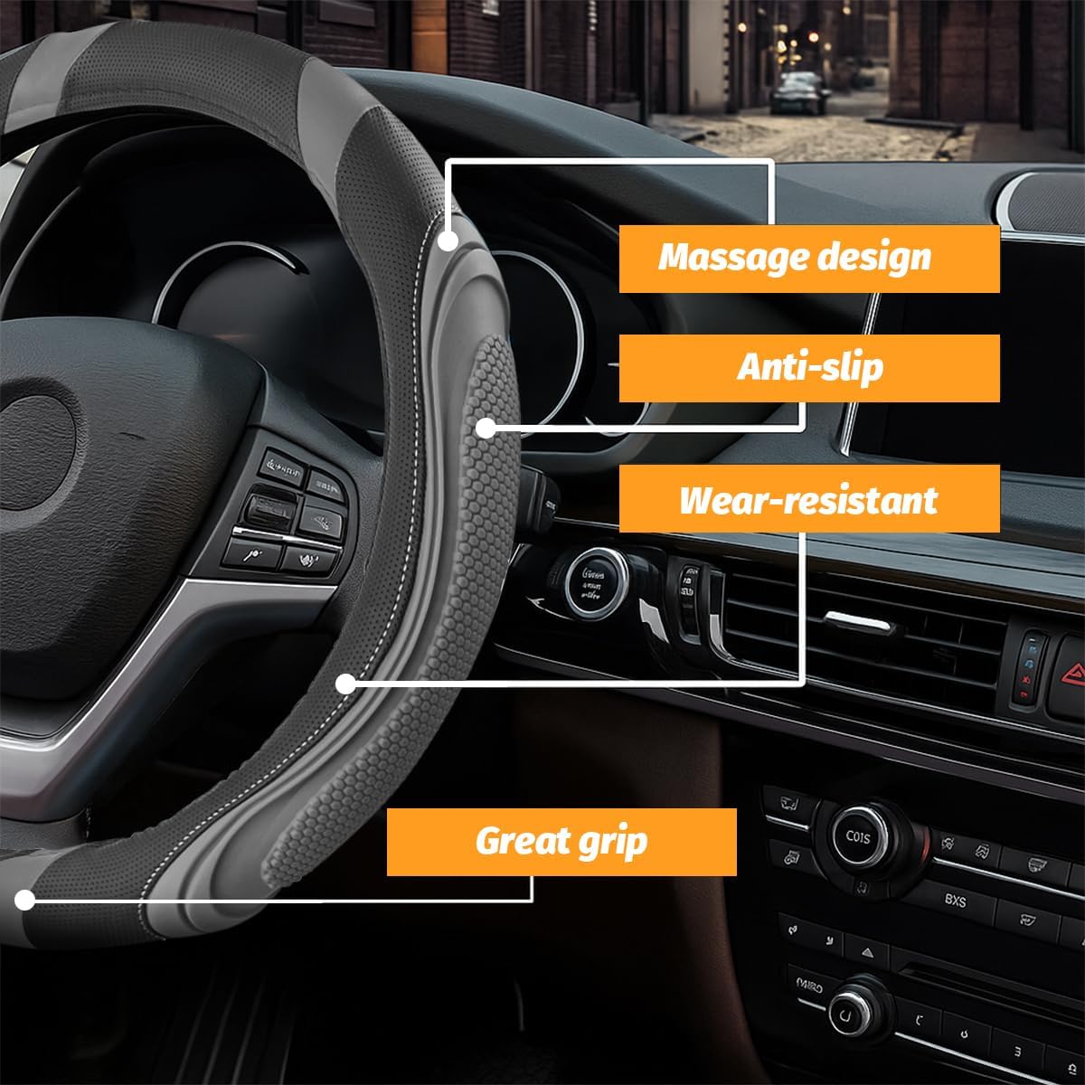 Car Steering Wheel Cover, 14.5-15" Leather Massage Grip Anti-Slip Steering Wheel Protector, Breathable Automotive Interior Decoration Accessories, Universal for Van Truck RV (Dark Gray) image 3