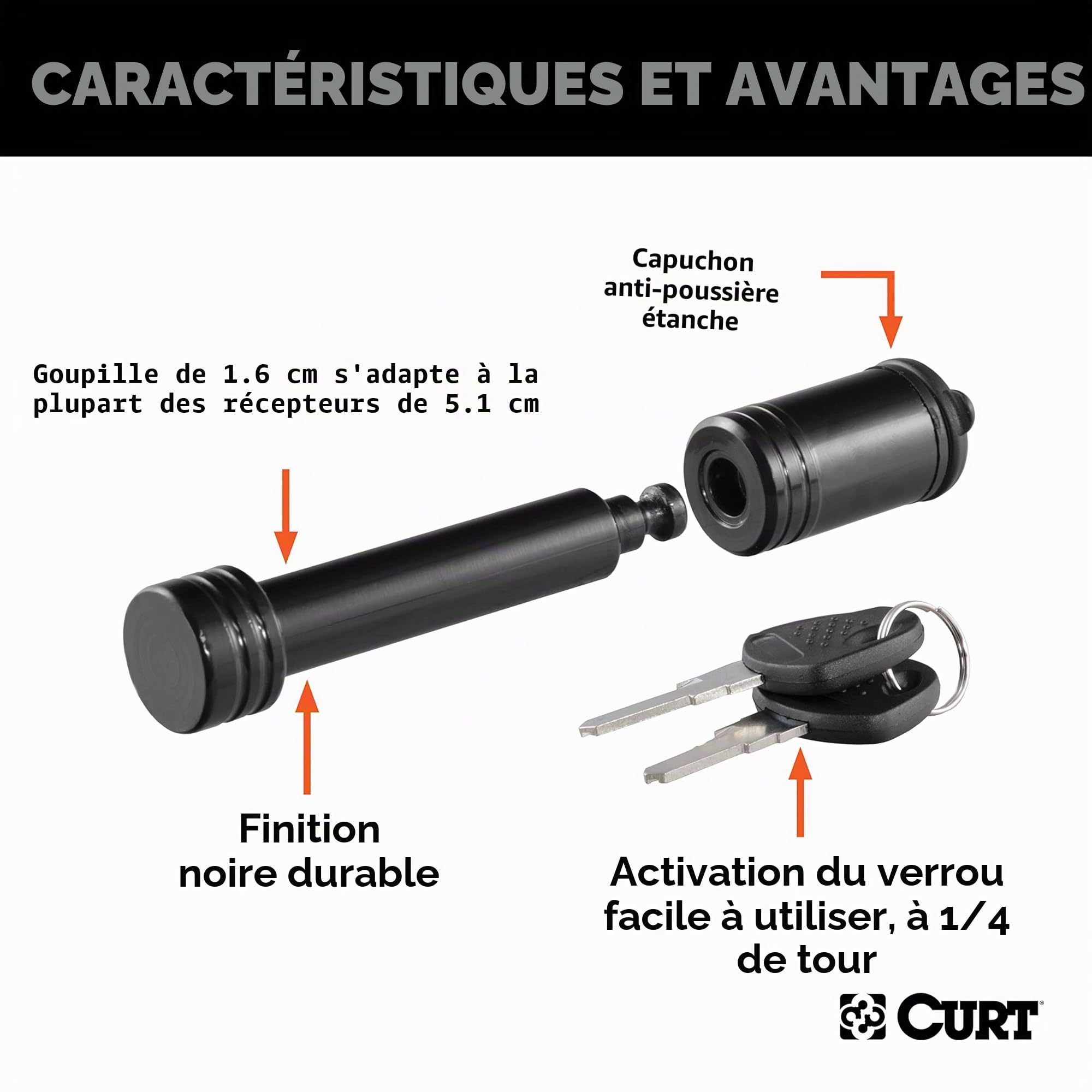 Curt 23518 Verrou d'attelage de remorque Noir, diamètre de Broche de 1,6 cm, Compatible avec récepteur de 5,1 cm