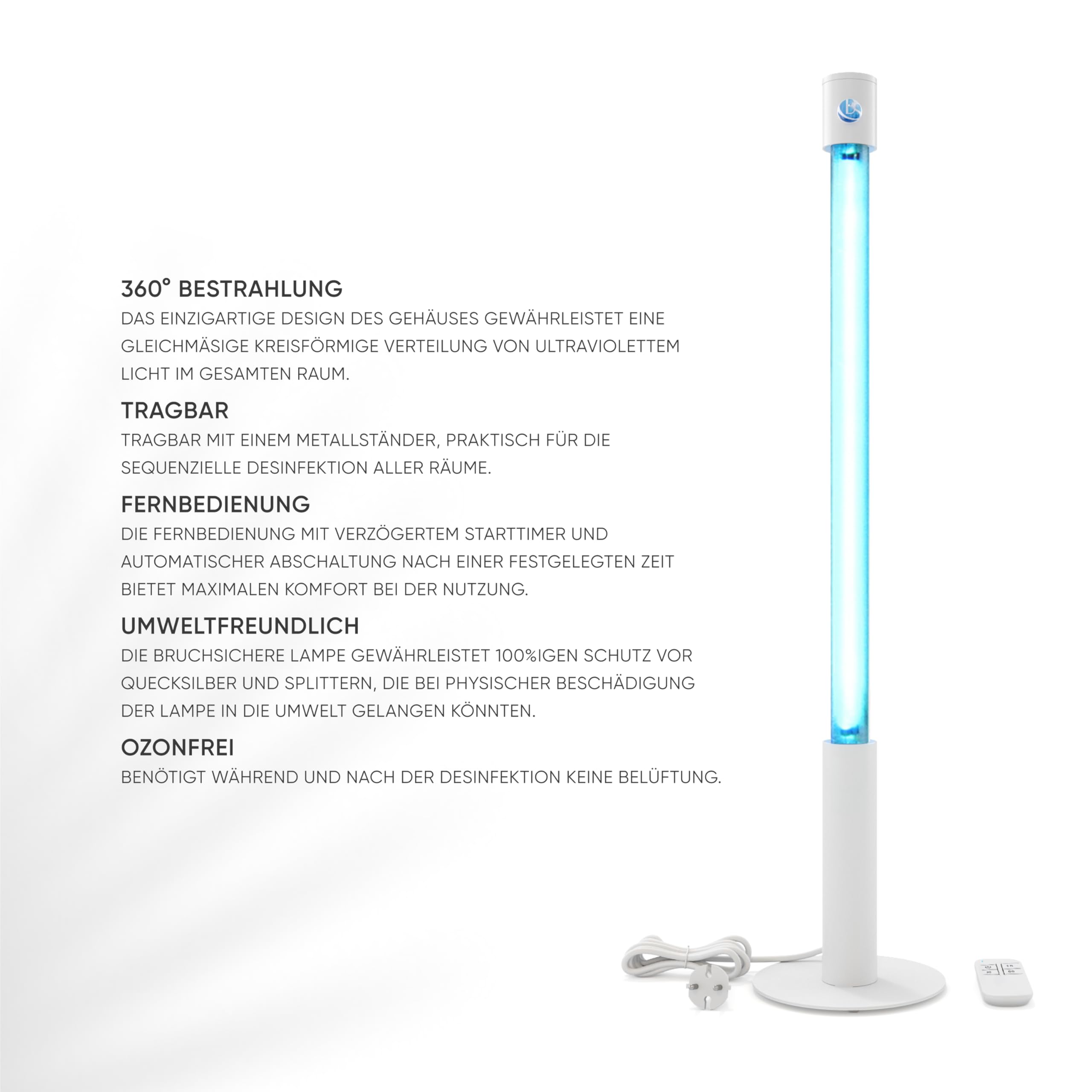 Lampada UV Germicida 360° 25 ECO + RC-TIMER 25W Senza Ozono con Telecomando e Timer - Sterilizzatore UV a Luce Ultravioletta 254nm, Lampada al Quarzo 16.000h, Antivirus per Casa, Ufficio
