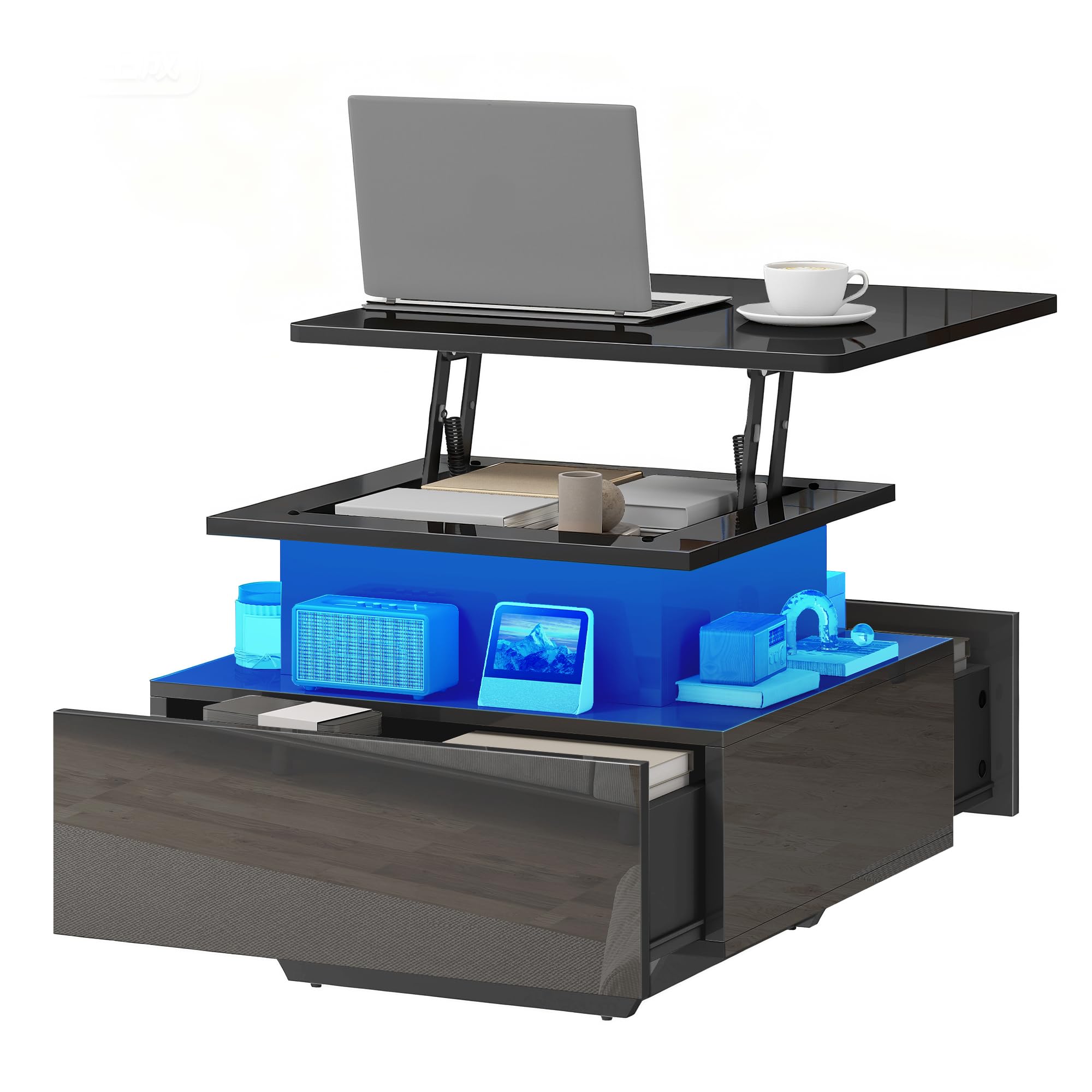 DWVO Couchtisch mit LED, höhenverstellbar, modern schwarz hochglänzend, mit Stauraum & Schubladen für Wohnzimmer, 60x60x45-58 cm