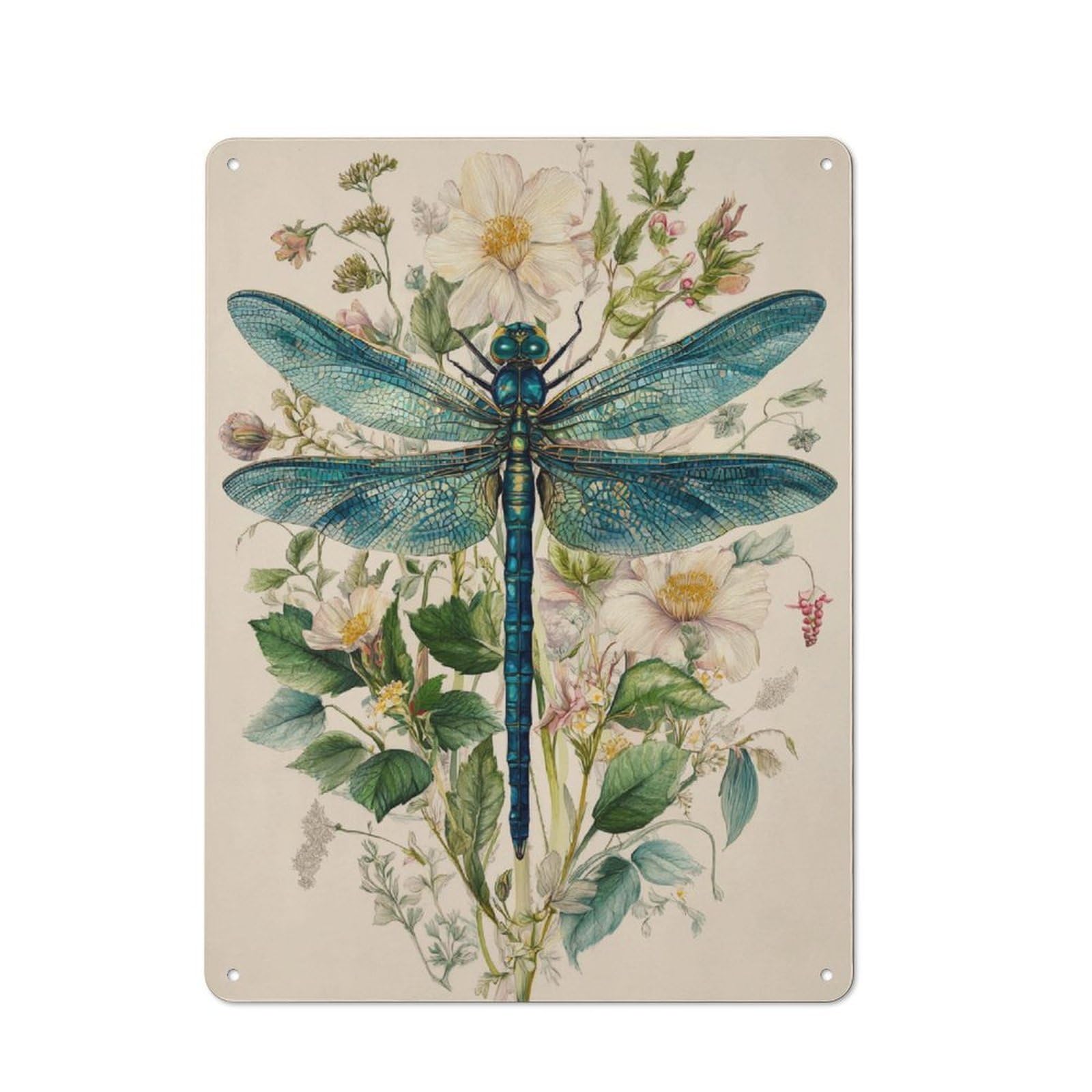 Junmoney Dragonfly & Blossoms Printed Metal Sign 40X30cm For Studio Or Craft Room, For Creative-Space Collectors
