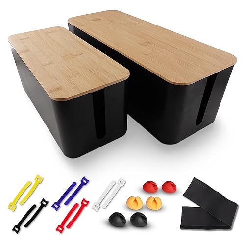 Juego de 2 cajas organizadoras de cables para ocultar cables y regletas con clips, lazos y fundas reutilizables, diseño funcional, moderno, tamaños