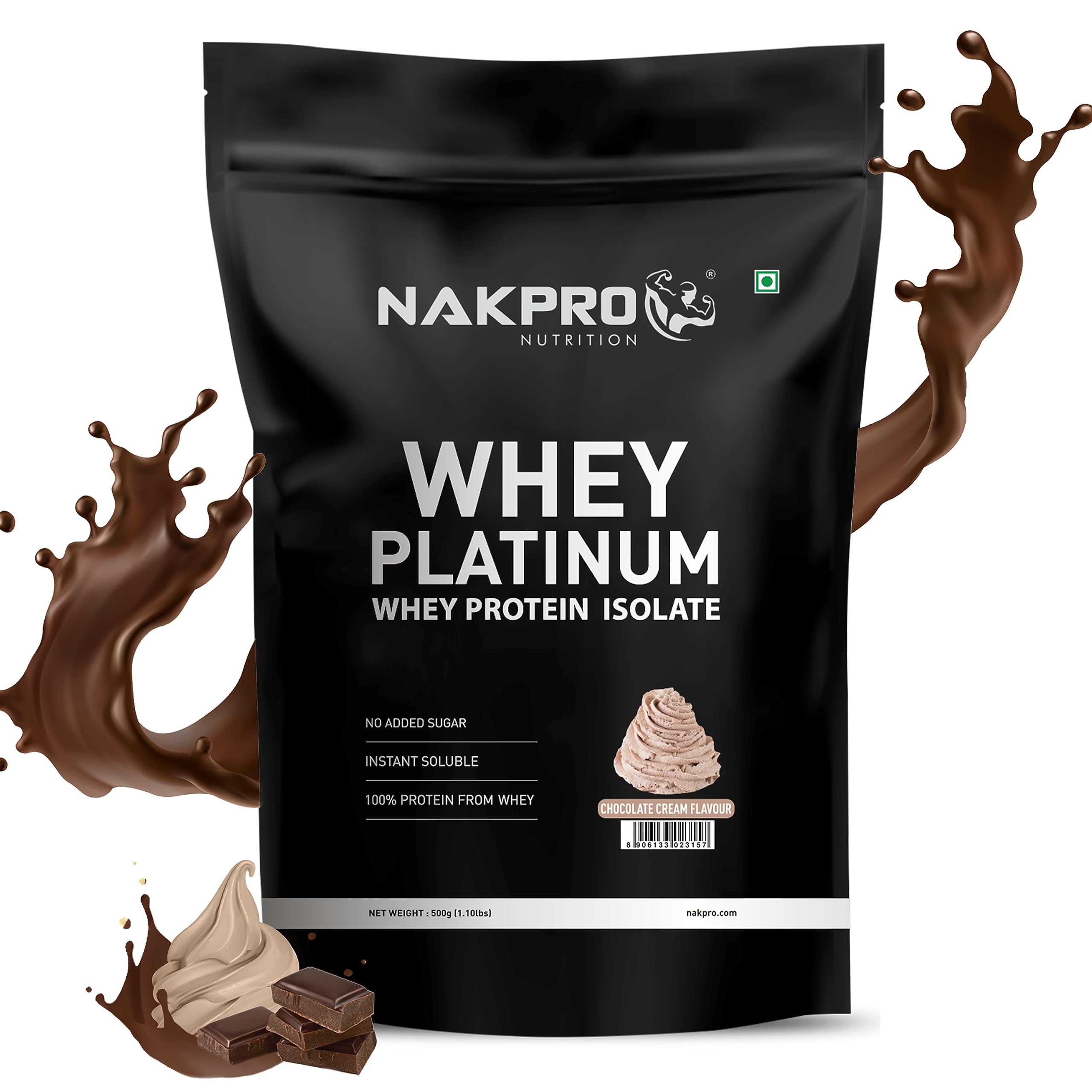 NAKPROPlatinum Whey Protein Isolate 500g Chocolate Cream | 28g Protein, 6.4g BCAA | Trustified Certified 100% Authentic Supplement Powder & No Adulteration | Low Carbs, Fast Absorbing Whey Protein P
