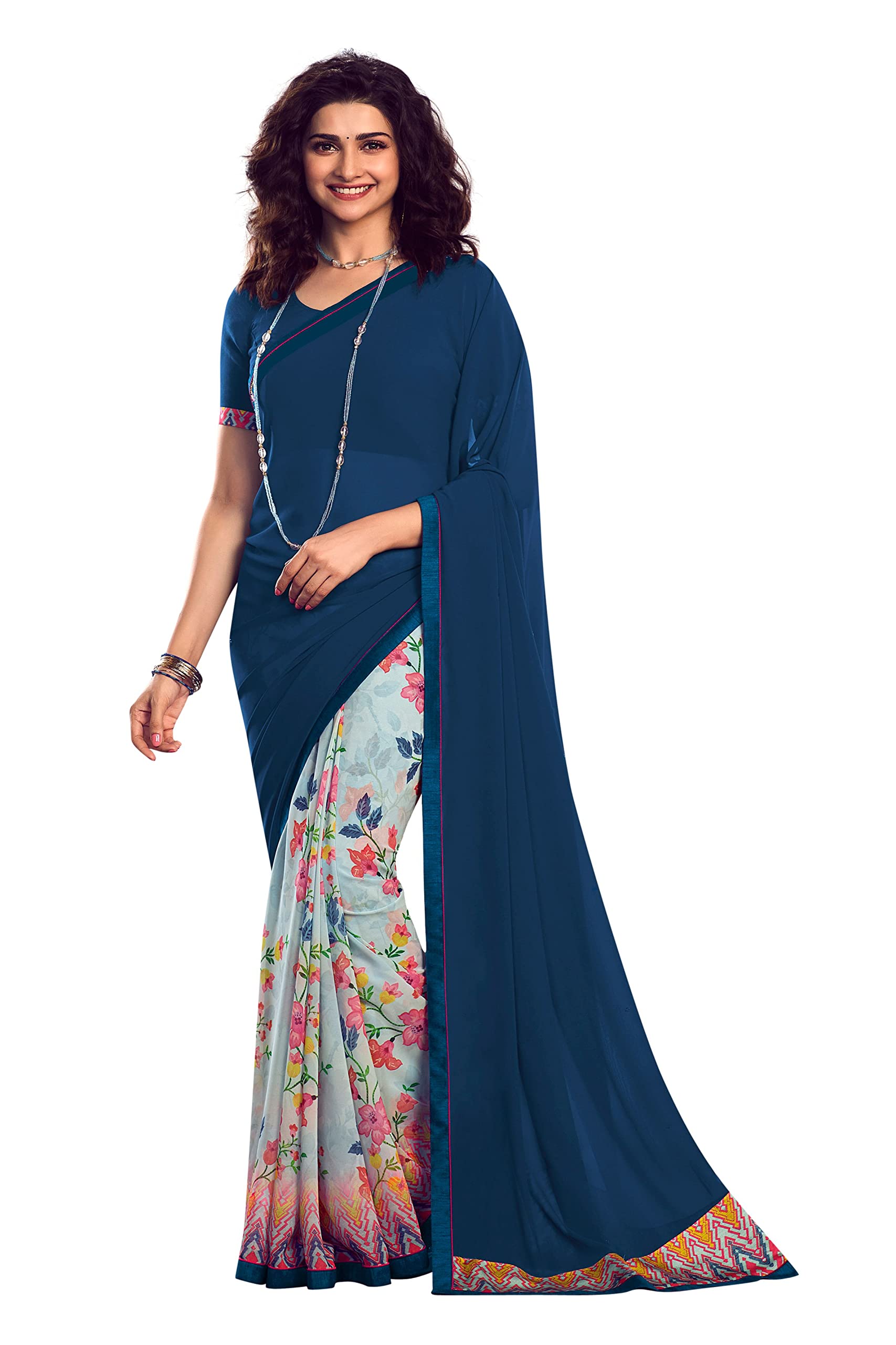 Rihana fashionPrinted Half & Half Georgette Sarees and Unstitched Plain Blouse Piece - A-50, Blue, One size