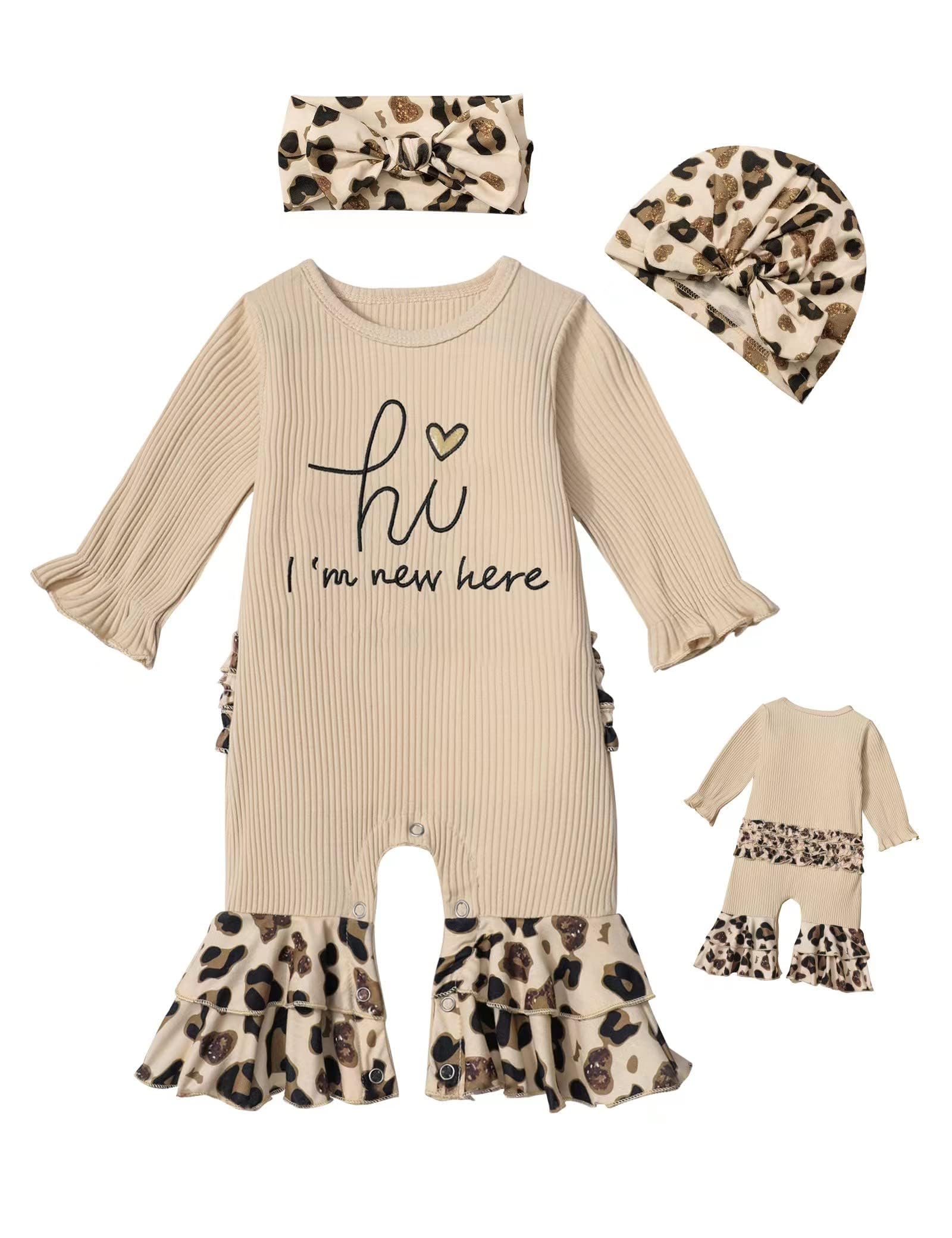 AGAPENG Newborn Girl Clothes Ruffle Letter Print Romper Infant Bell Bottom Jumpsuit Boho Baby Girl Clothes with Headband Hat