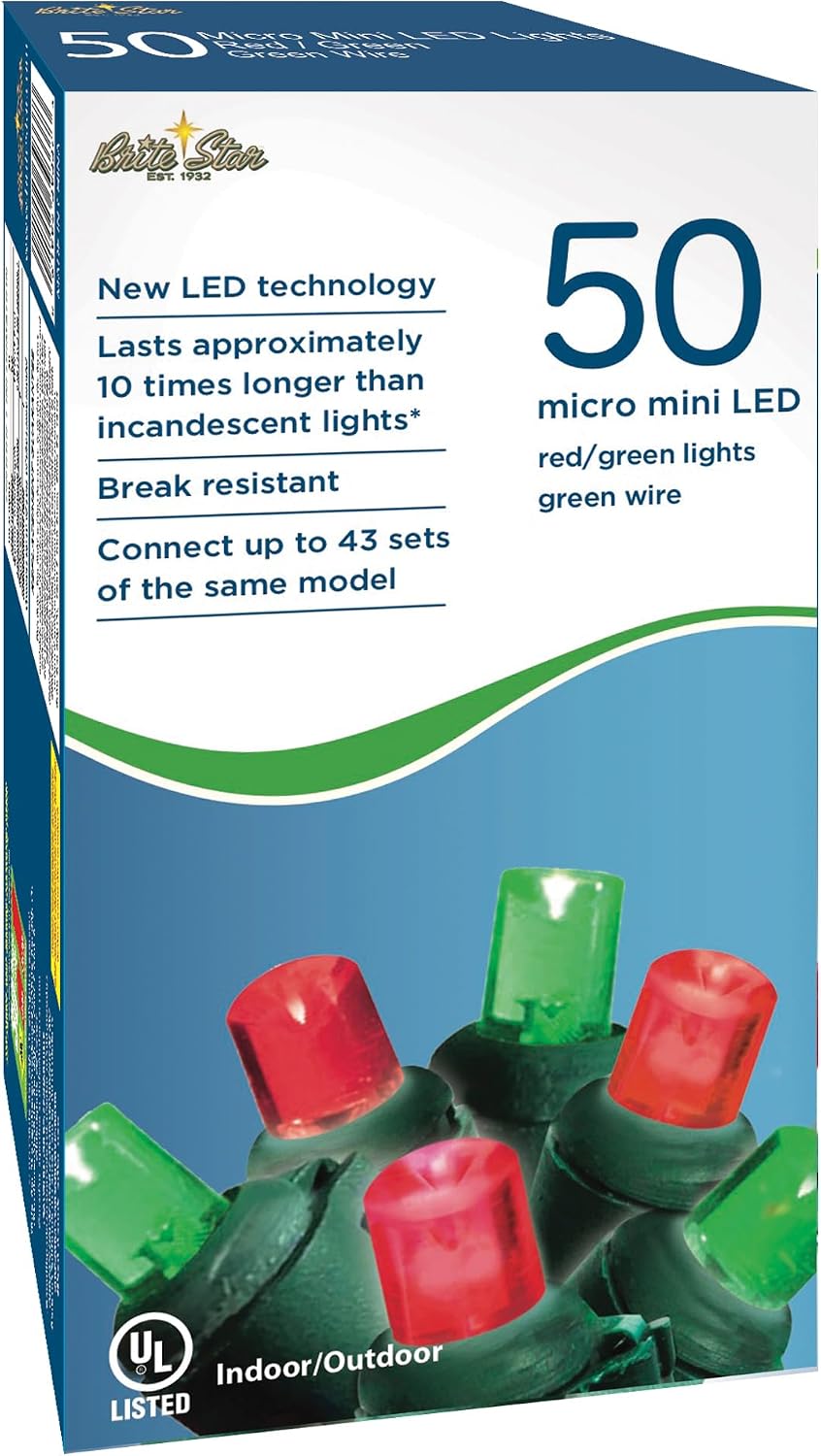 Brite Star 50 Lt Micro Mini LED Lights, Red/Green, Green Wire