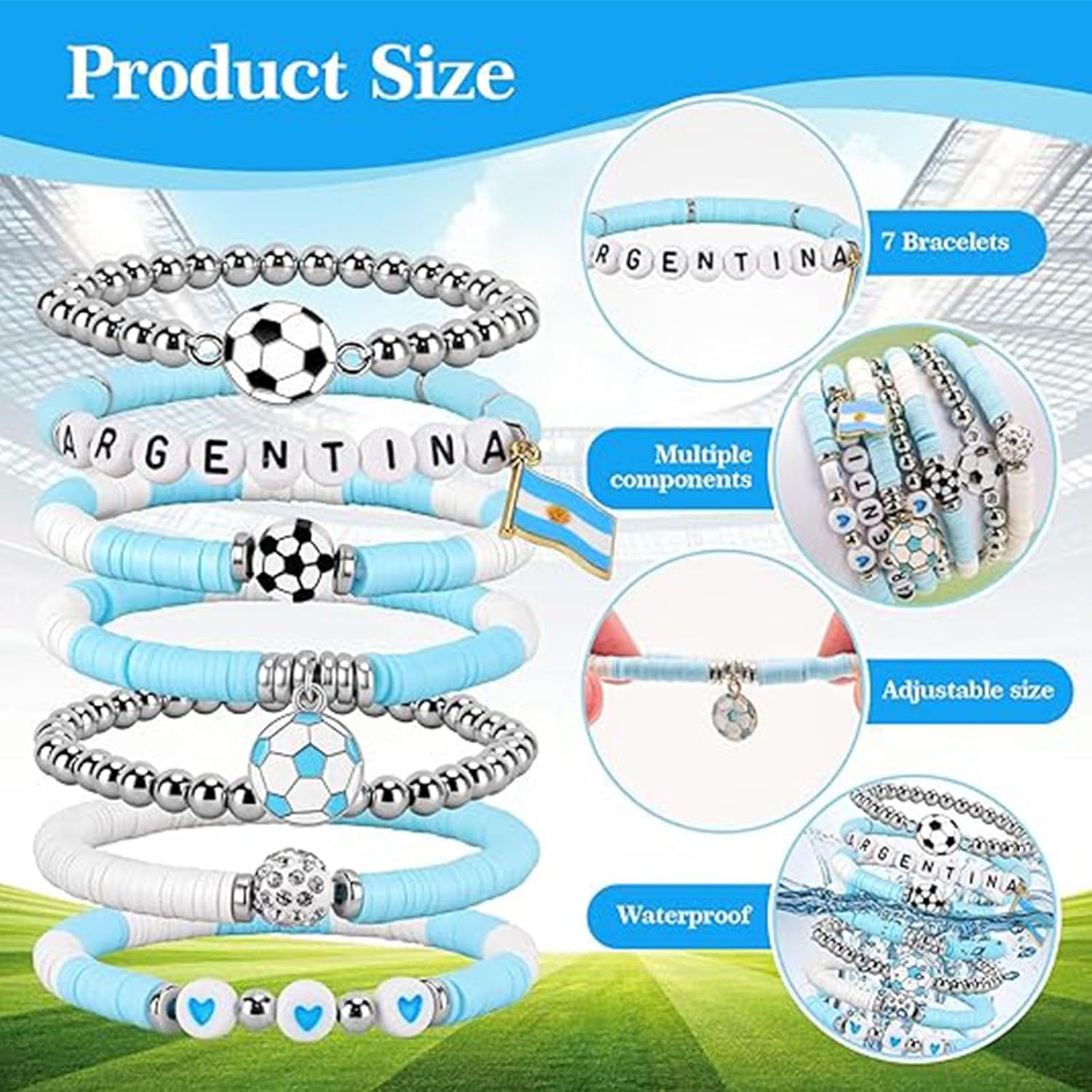 2026 World Soccer Cup Stretch Beaded Bracelets Soccer Gifts Football Charm Game Day Fan Bracelets Stackable Sports Jewelry for Spain Mexico Canada Argentina Brazil Fans Gifts for Women Men