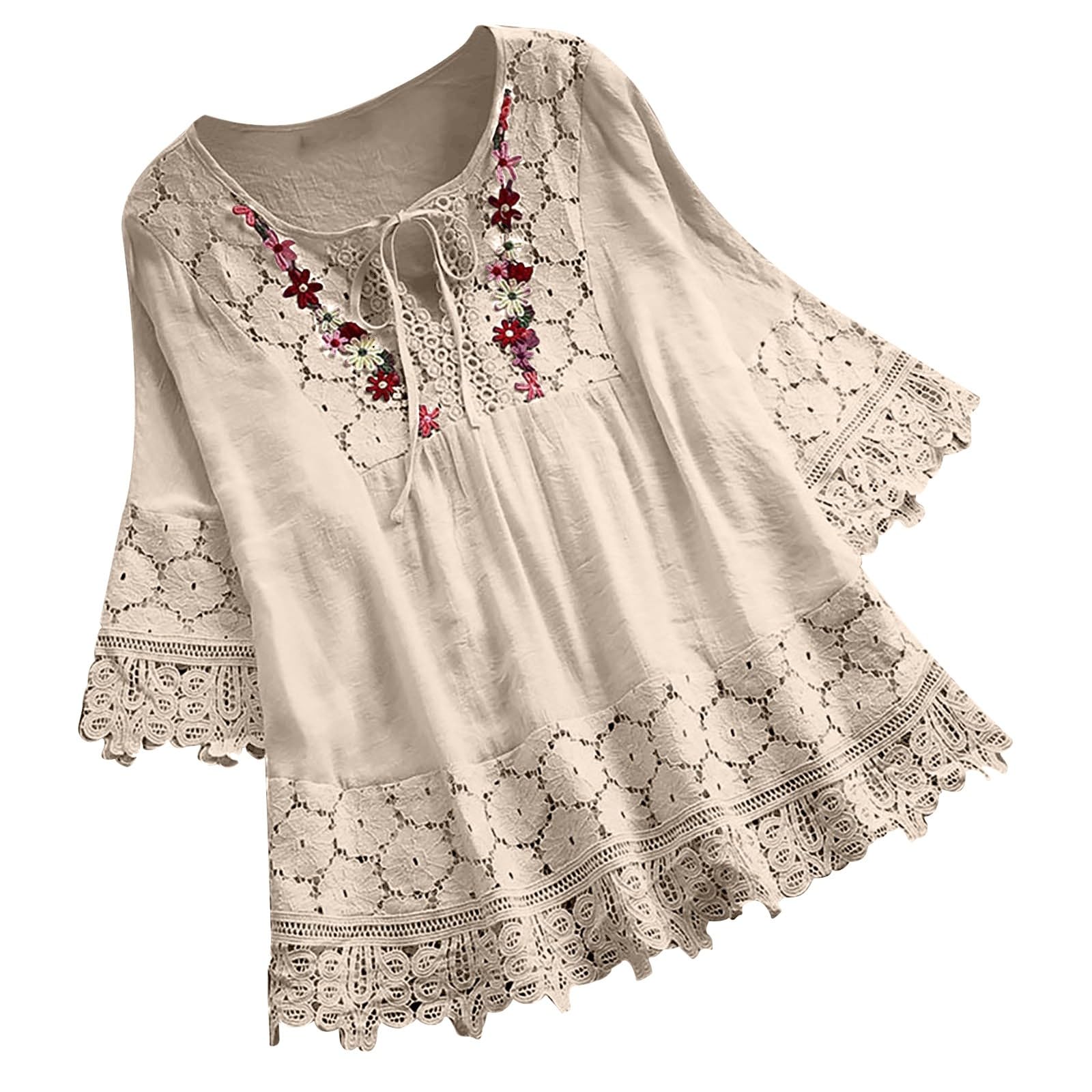 Womens Summer Loose Tops V-Neck Lace Crochet Half Sleeve Shirts Casual Chiffon Blouses Flowy Blouses Shirts(Za Beige,XXL)