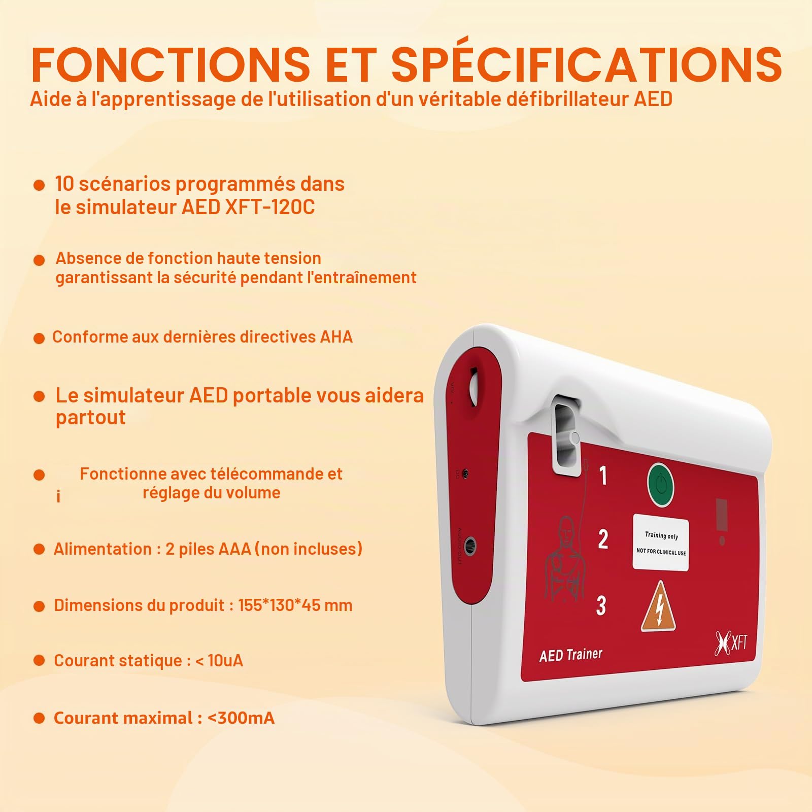 Défibrillateur de Formation avec Télécommande, AED-Trainer avec CPR 10 Scénarios d'Entraînement, Annonces Vocales en Français&Polonais pour entraînement AED (120C)