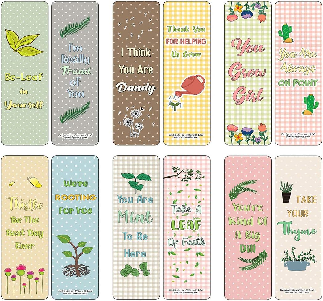Creanoso Inspiring Plant Puns Bookmarks (60-Pack) – Great Bulk Set Incentive Page Binders for Young Readers – Stocking Stuffers Gifts Rewards Token Ideas for Boys Girls Kids Teens