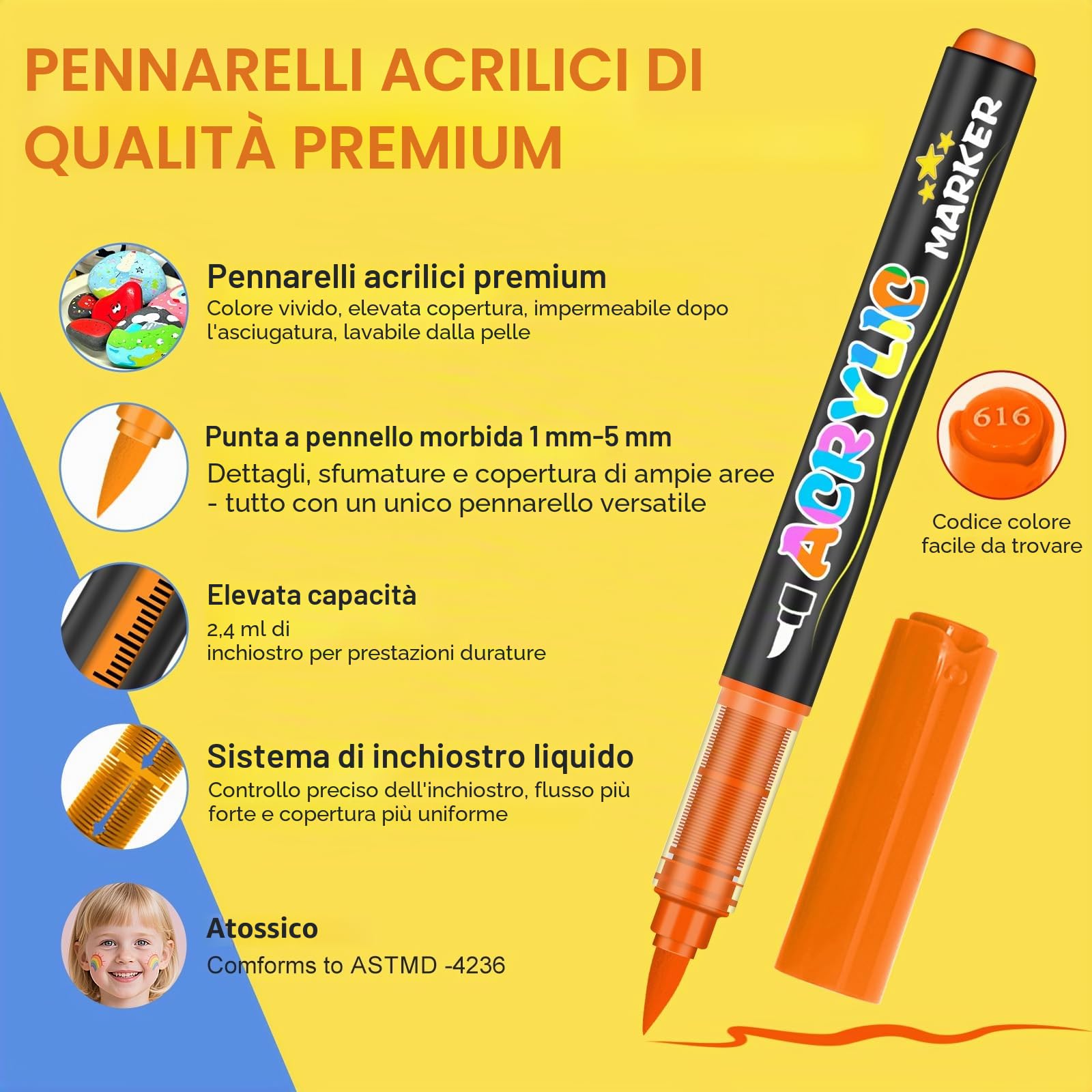 Lyuvie Set di 162 Colorati pennarelli acrilici a base d'acqua, pennarelli permanenti per pittura su roccia, pietra, legno, carta, tessuto, ciottoli, vetro, plastica