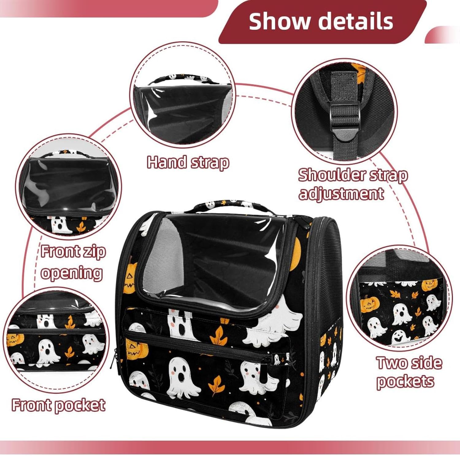 Portable Travel pet Backpack Carrier Hamster Bag Small Dog cat Carrier Breathable Hang Bag, Halloween Pumpkins Bats Skull