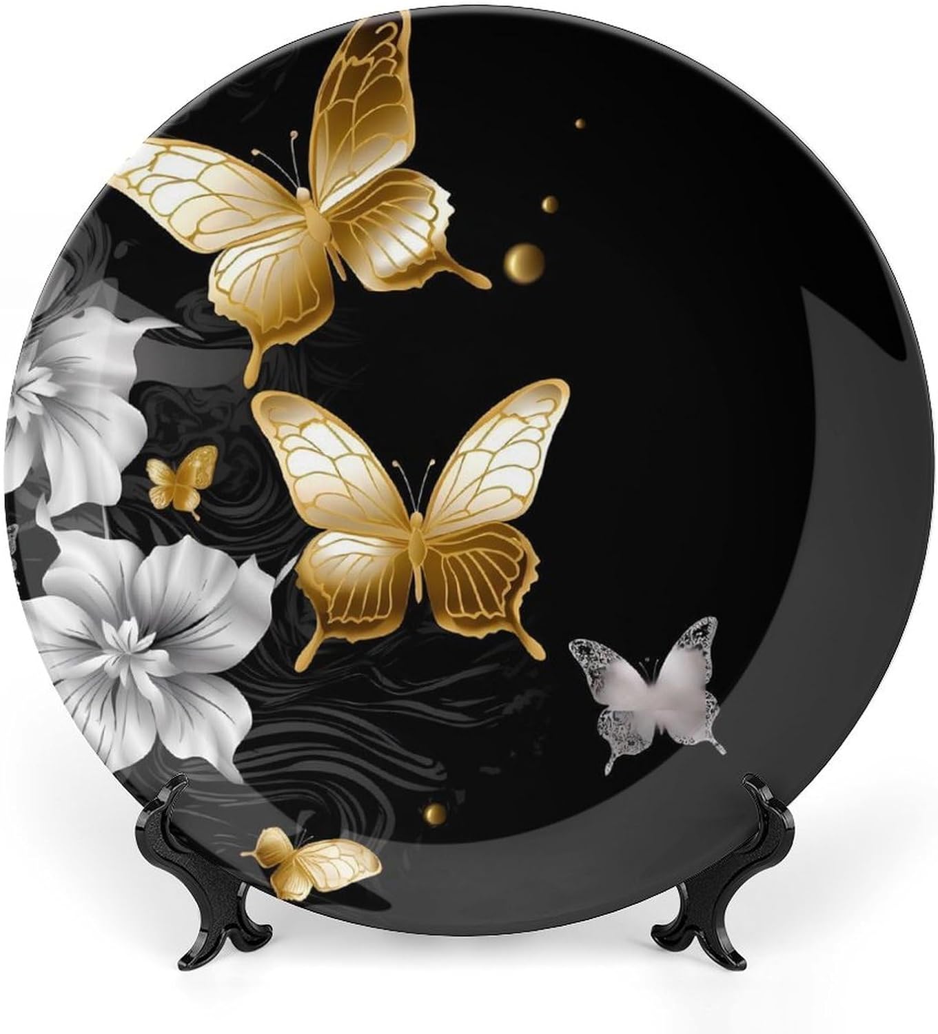 Bone China Decorative Plate Gold White Butterflies Black Ceramic Decorative Plate with Display Stand Ceramic Wall Art Decor for Home Office Wall Decoration 10inch