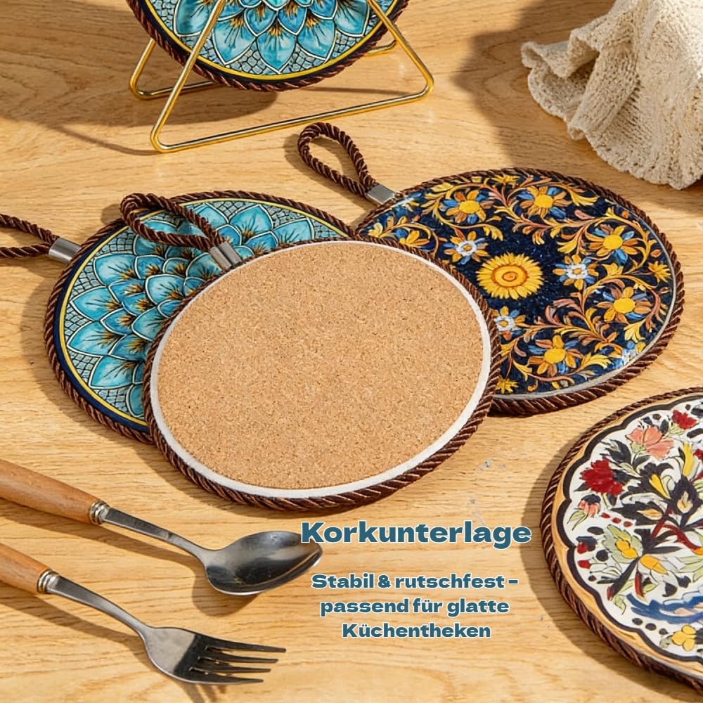 Ścierki do garnków w stylu vintage z płytą ceramiczną (Ø 17 cm, zestaw 4-częściowy) – ochrona przed wysoką temperaturą i antypoślizgowe, wielofunkcyjne podkładki pod garnki, kubki, talerze i