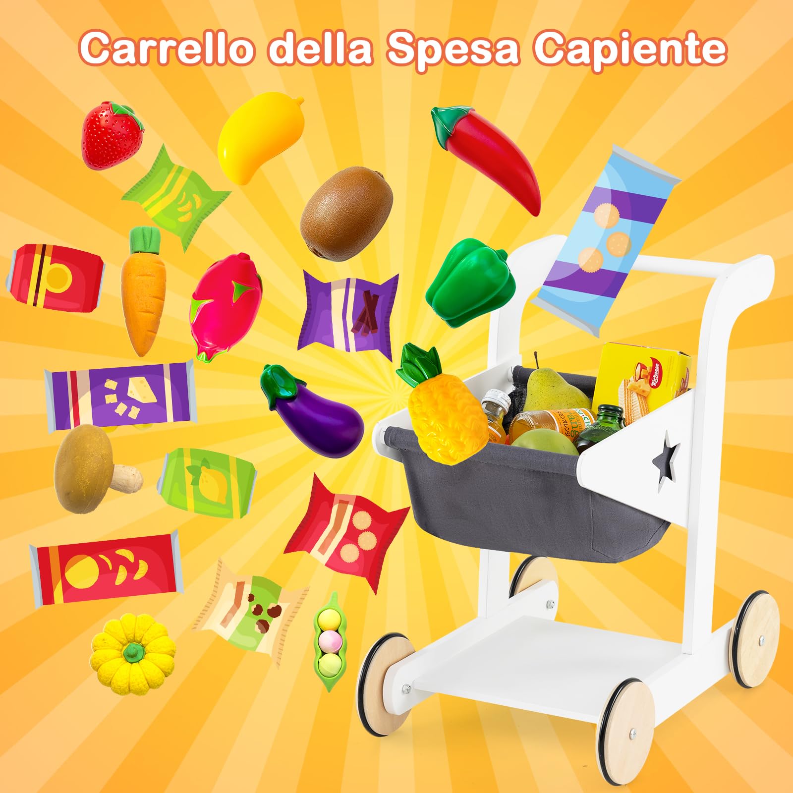 GYMAX Negozio di Alimentari per Bambini, Gioco di Ruolo con Carrello della Spesa, Registratore di Cassa, Scanner, Lavagne, Set da Gioco Supermercato in Legno, Regalo Perfetto per Bambini 3+ Anni