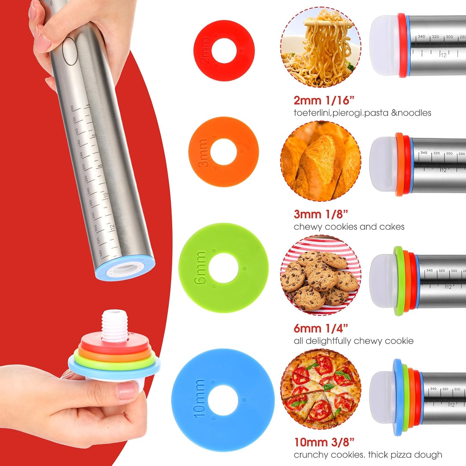Dandat Rolling Pin with Adjustable Thickness Rings and Silicone Baking Pastry Mat Biscuit Cutter Bench Scraper Stainless Steel Dough Roller Rolling Pins for Baking Cookies Pie Pasta Pastries(Red)