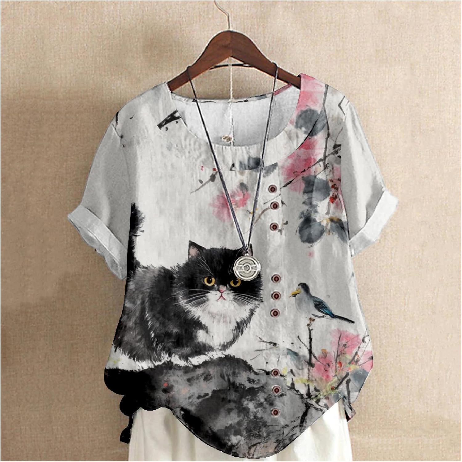 MARSVOVO Funny Cat Blouse Women Cute Print Short Sleeve Casual Tunic Tops for Women Loose Fit Dressy Decorative Buttons - Image 3