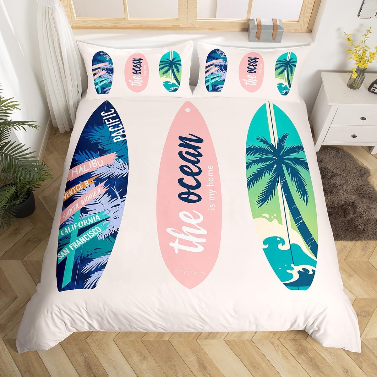 Homewish Surfboard Comforter Cover Set Summer Sea Surfing Theme Duvet Cover Ocean Theme Bedding Set 2pcs for Kids Boys Teens Soft Polyester Quilt Cover with 1 Pillow Case(No Comforter) Twin Size